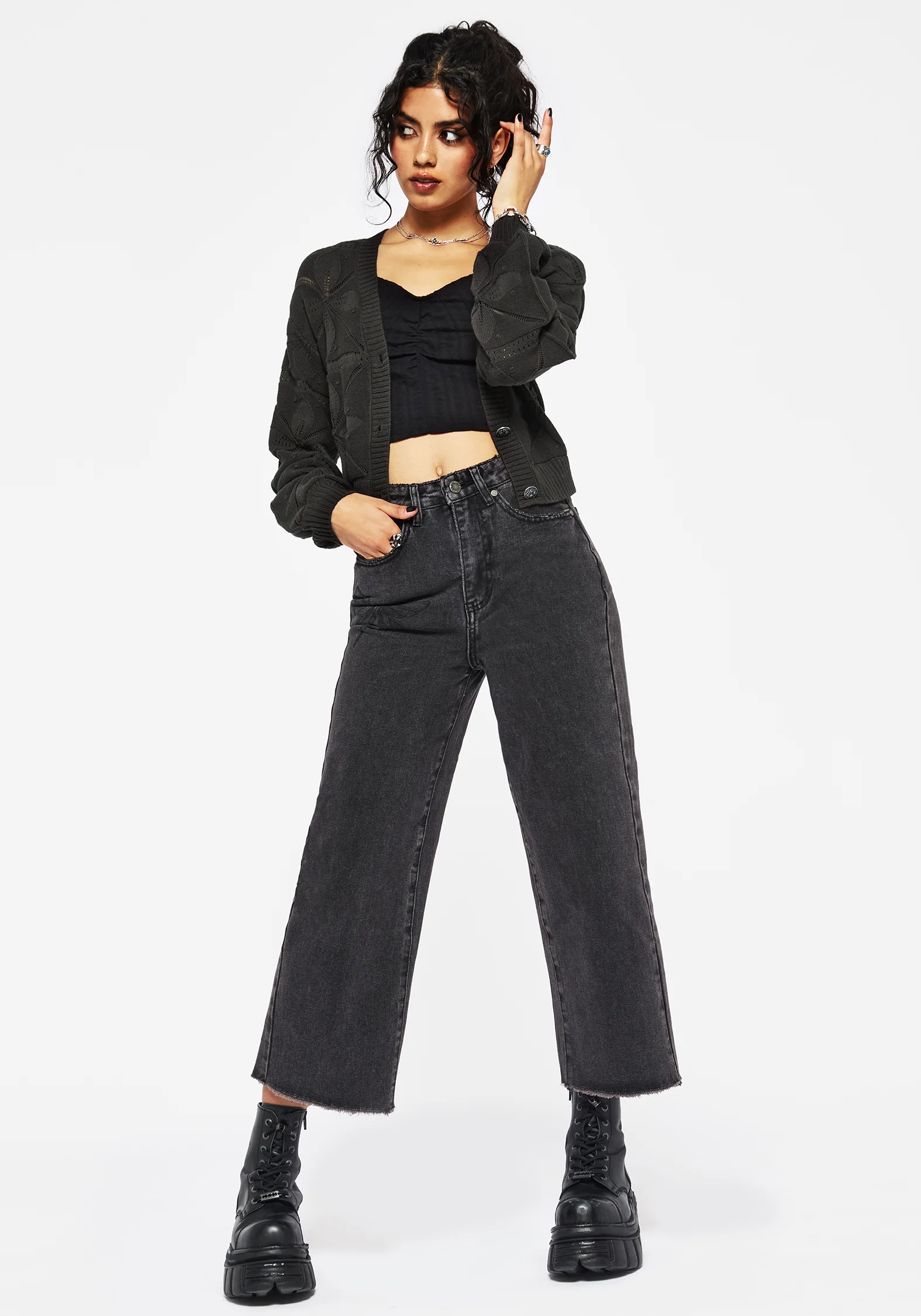Alda Floral Pointelle Balloon Sleeve Knit Cardigan - Image 4