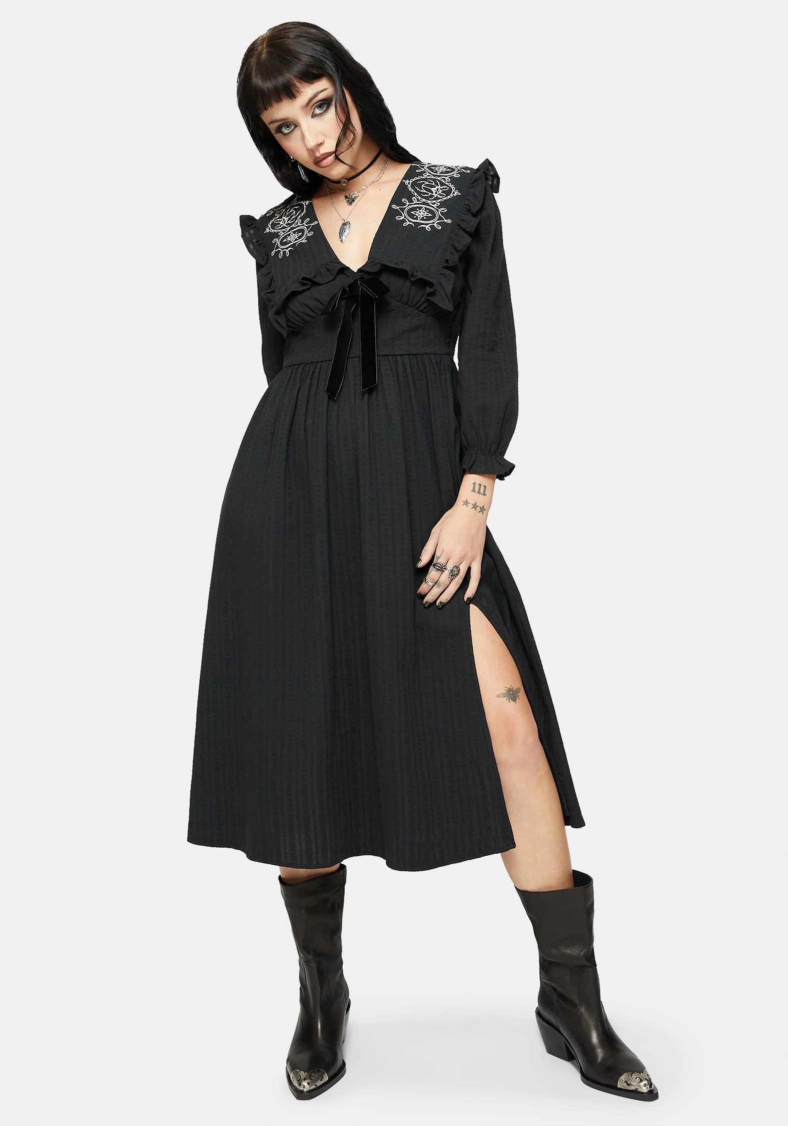 Alira Bug Embroidered Collar Cotton Midi Dress