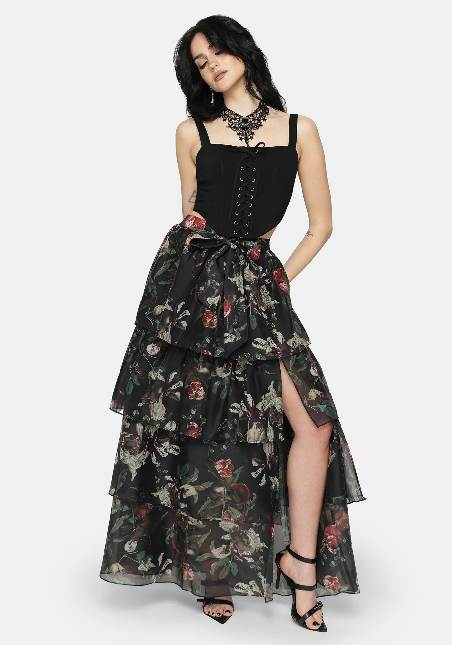 Anara Fruit Print Tiered Skirt