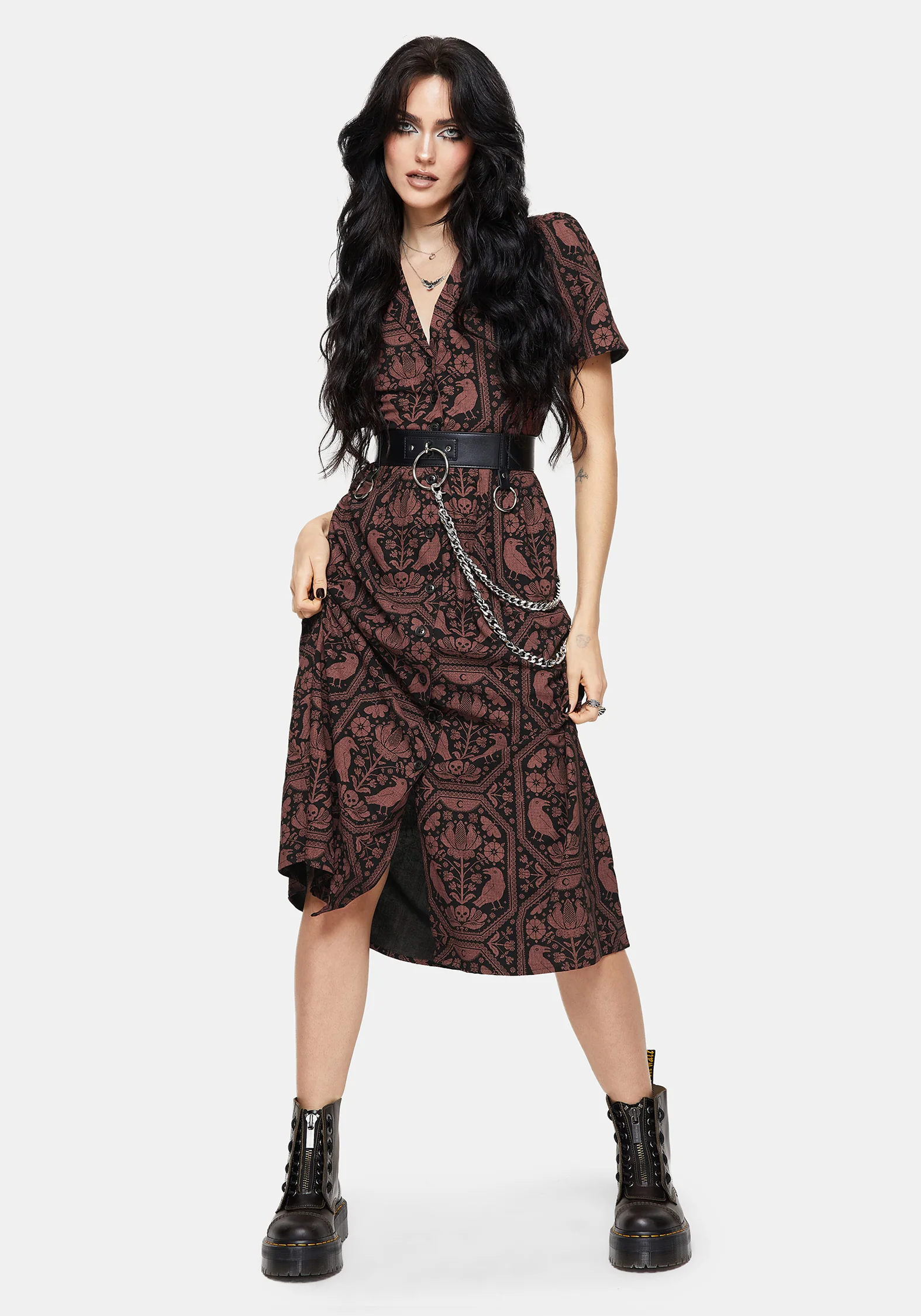 Annabel Inverted Raven Print Midi Shirt Dress - Image 5