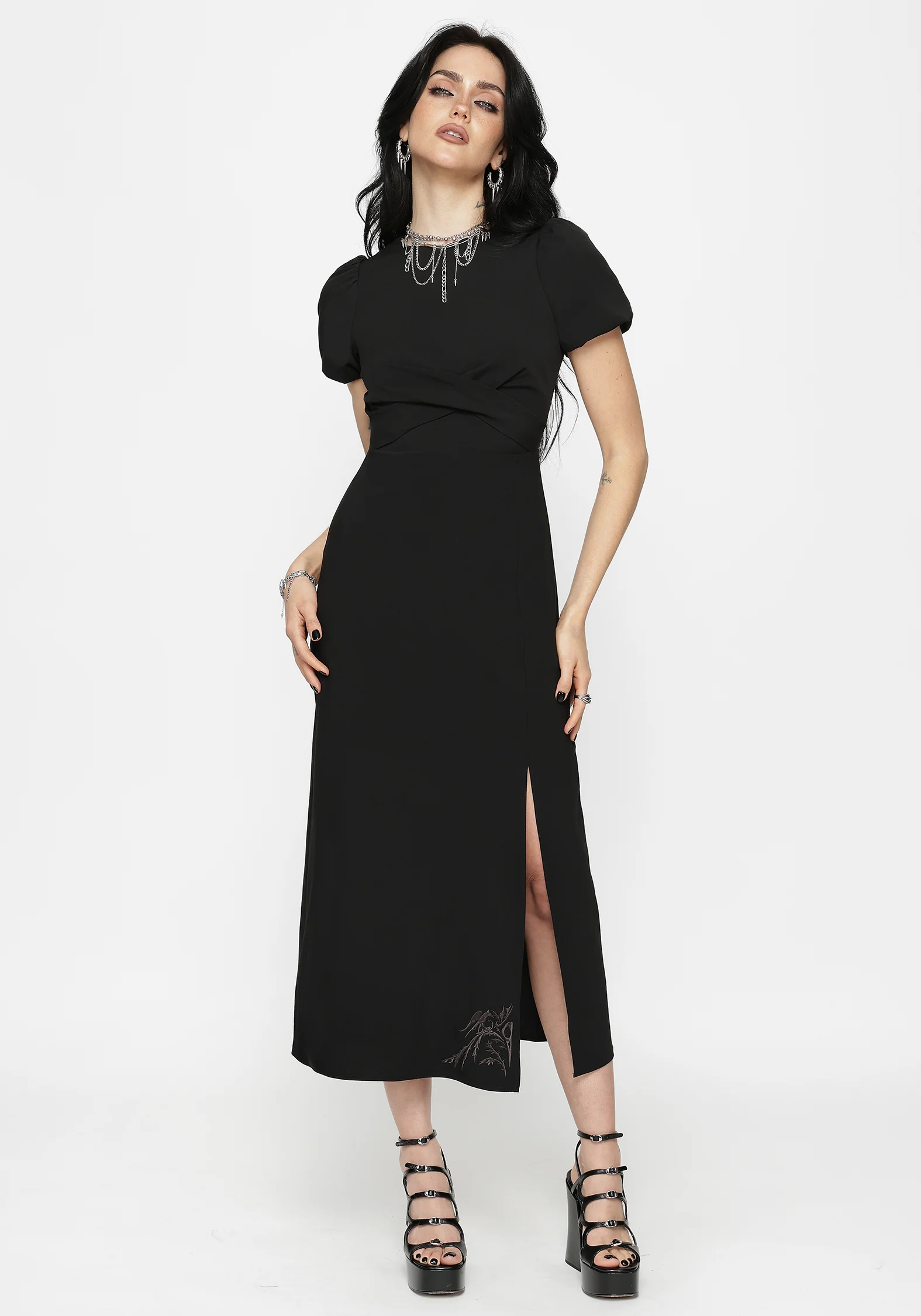 Aubrey Crow Skull Embroidered Twist Front Midi Dress - Image 5