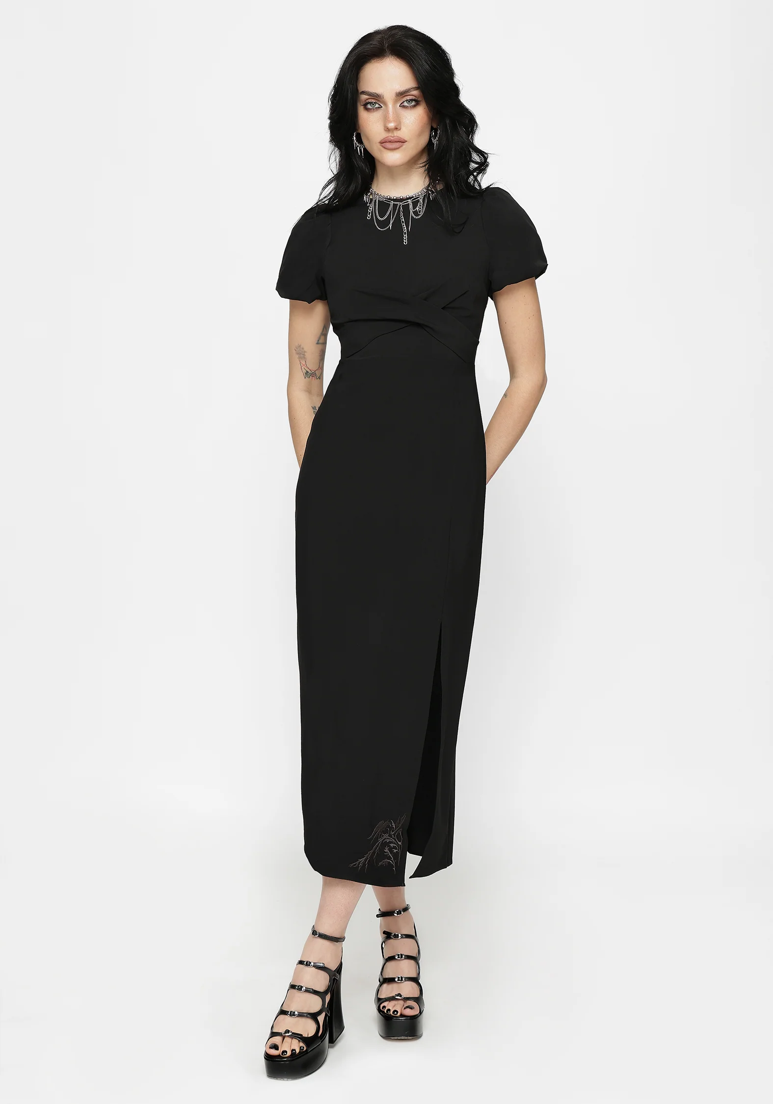 Aubrey Crow Skull Embroidered Twist Front Midi Dress - Image 7