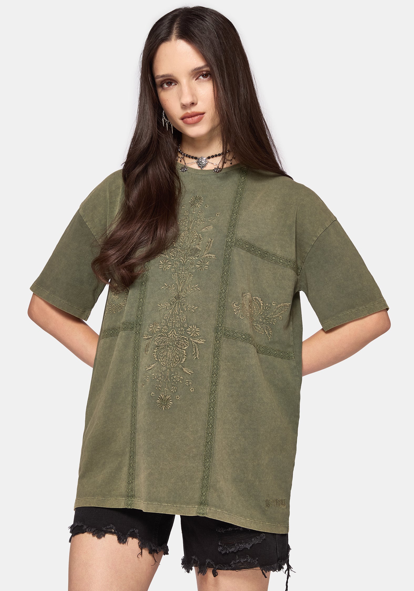 Blake Lace Oversized Graphic T-Shirt- Khaki