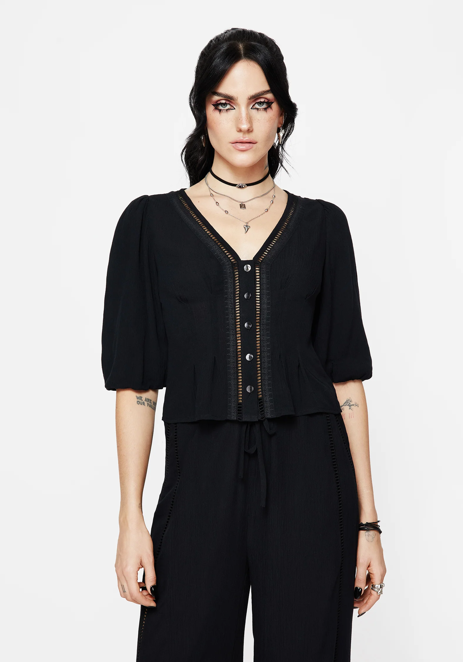 Blessing Lace Trim Tapered Waist Blouse Top - Image 4