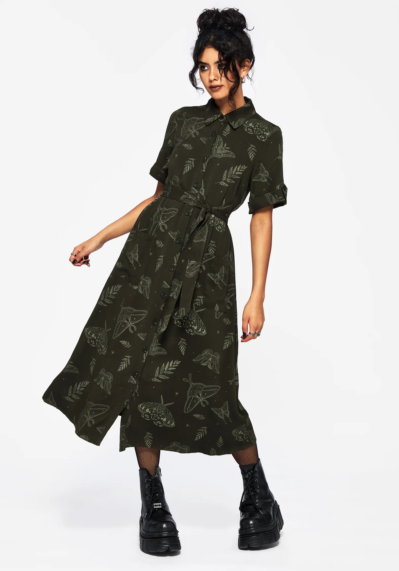 Callopistria Moth Print Midi Shirt Dress - Green - Image 5
