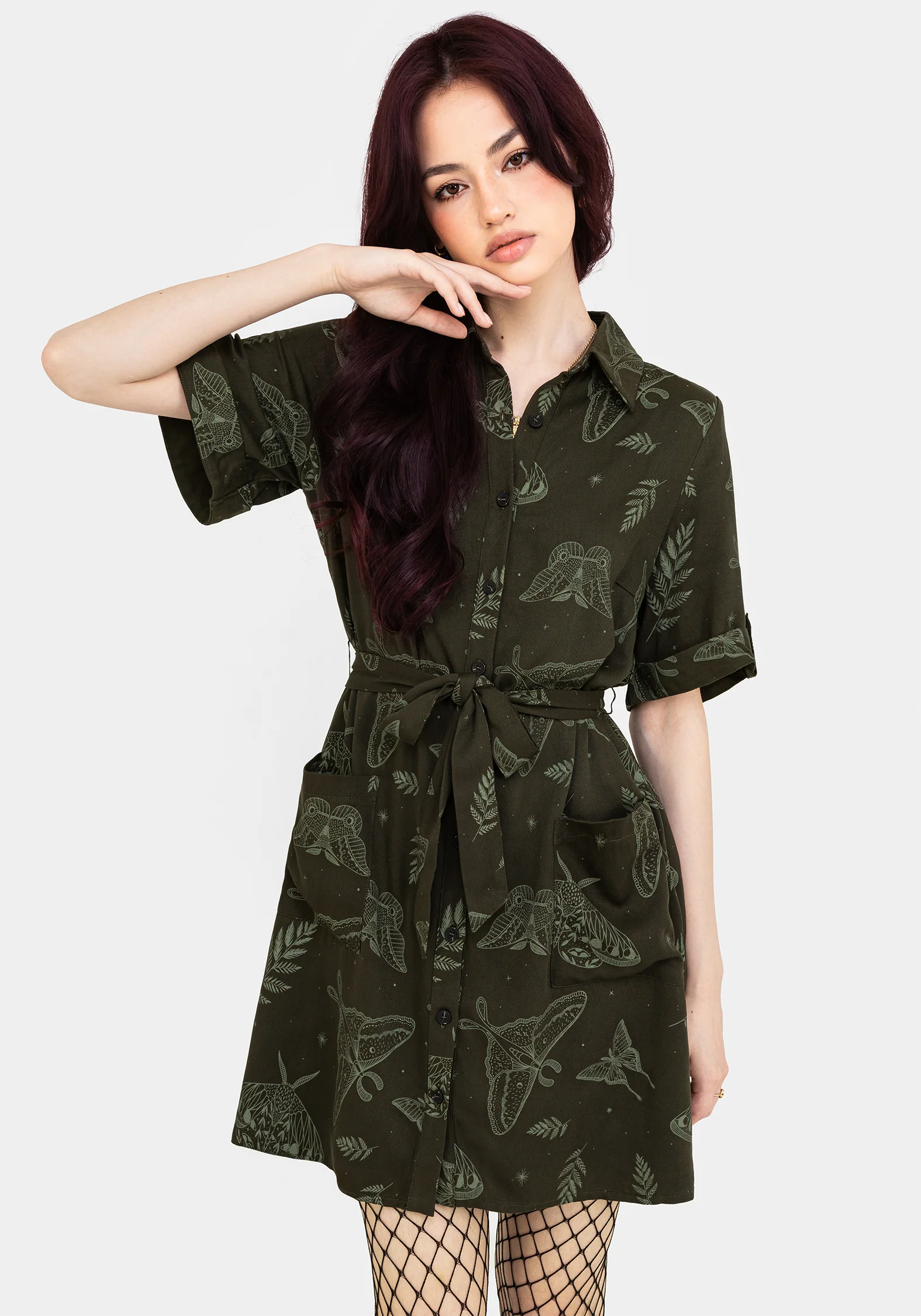Callopistria Moth Print Mini Shirt Dress - Green - Image 7