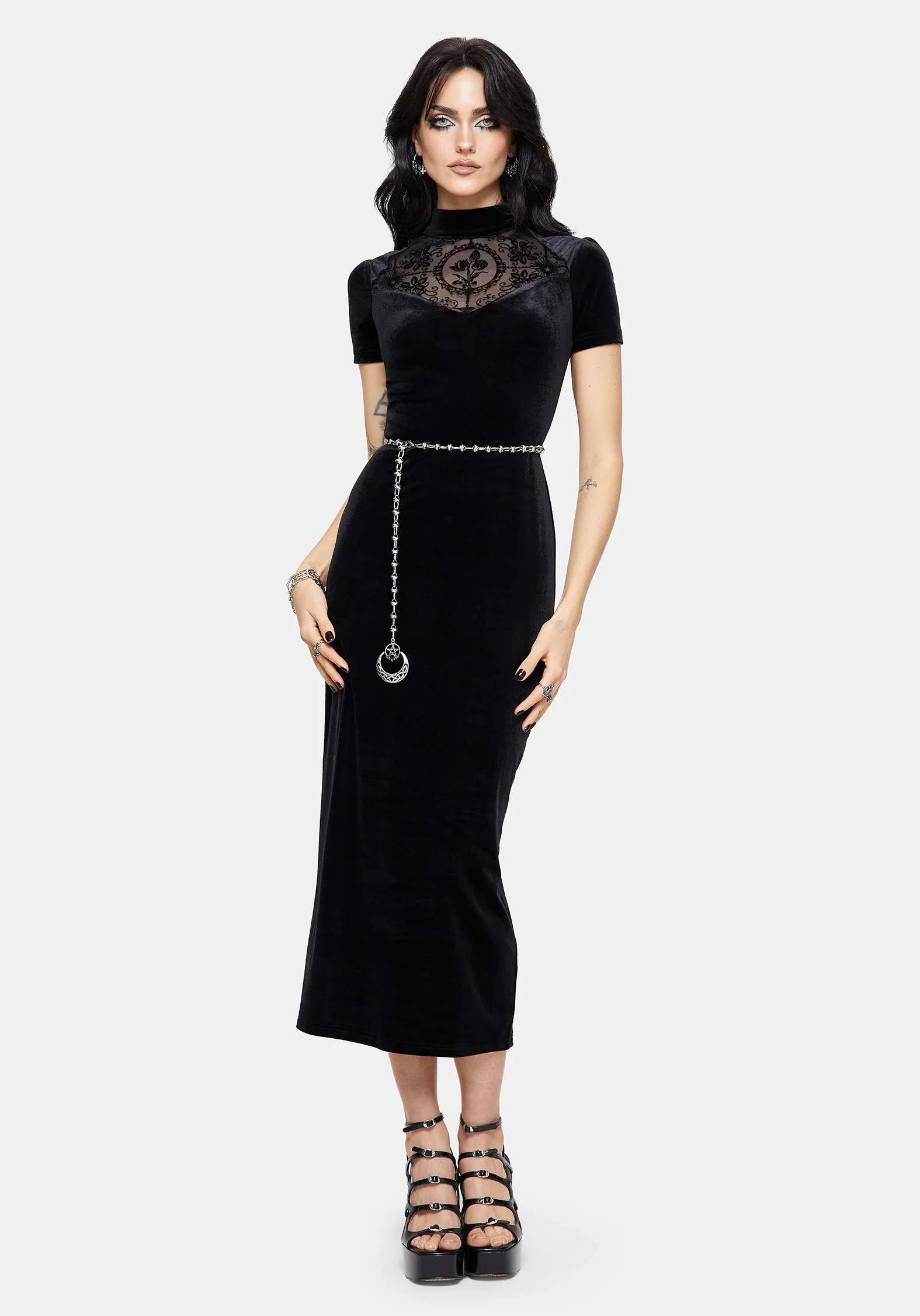Cameo High Neck Flocked Mesh Insert Midi Dress - Image 5