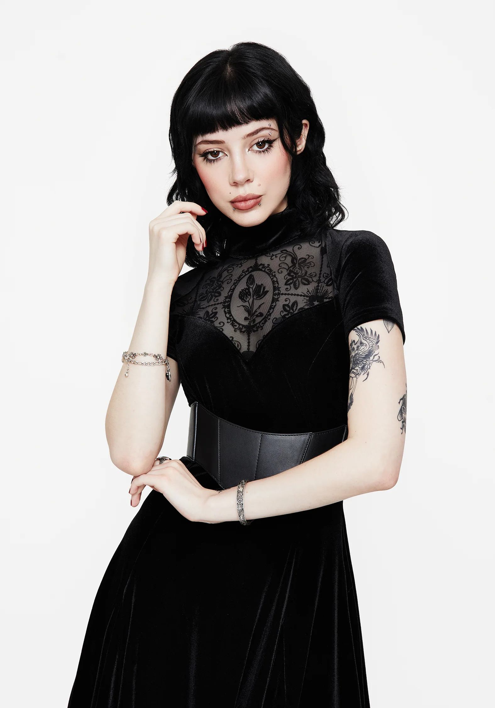 Cameo High Neck Flocked Mesh Insert Skater Mini Dress - Image 6