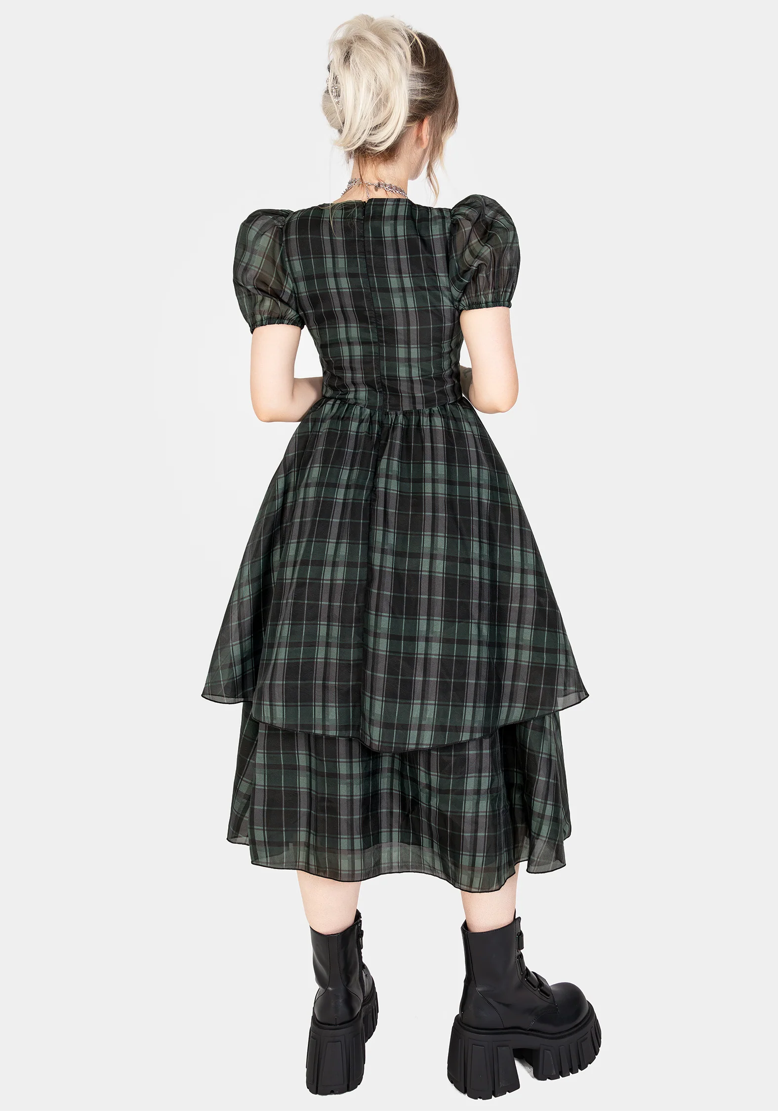 Checkmate Puff Sleeve Layered Organza Midi Dress - Image 3