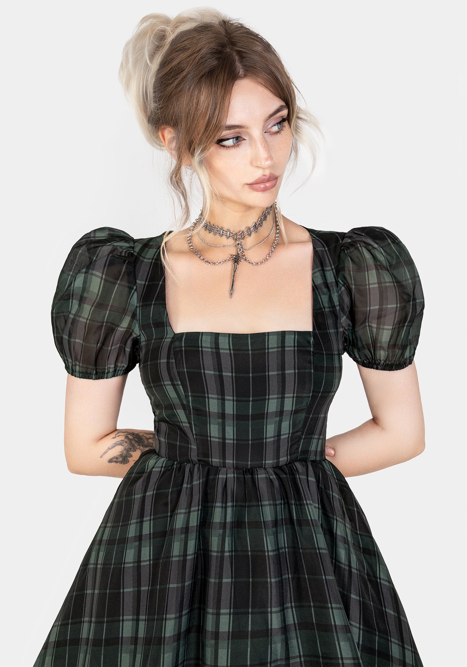 Checkmate Puff Sleeve Layered Organza Midi Dress - Image 4