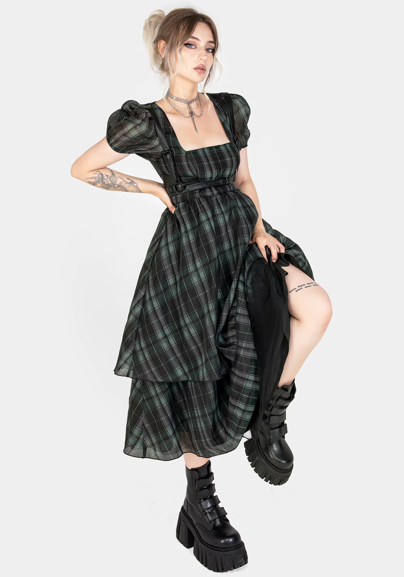 Checkmate Puff Sleeve Layered Organza Midi Dress - Image 5