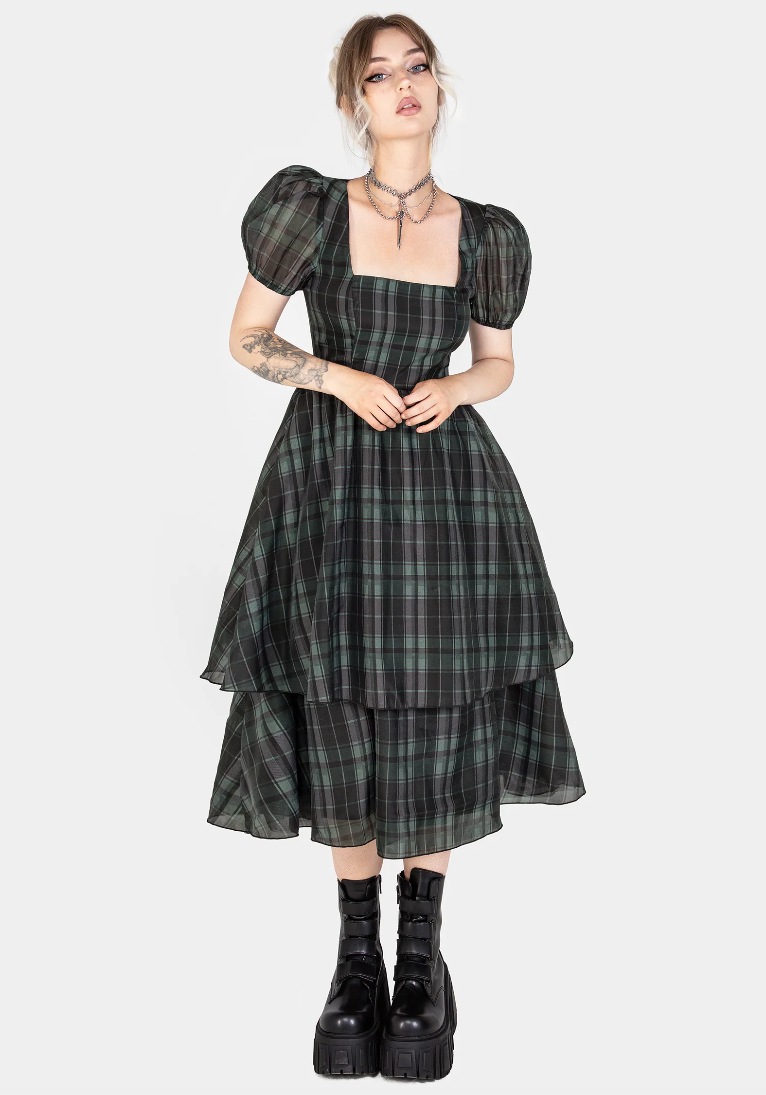 Checkmate Puff Sleeve Layered Organza Midi Dress - Image 6