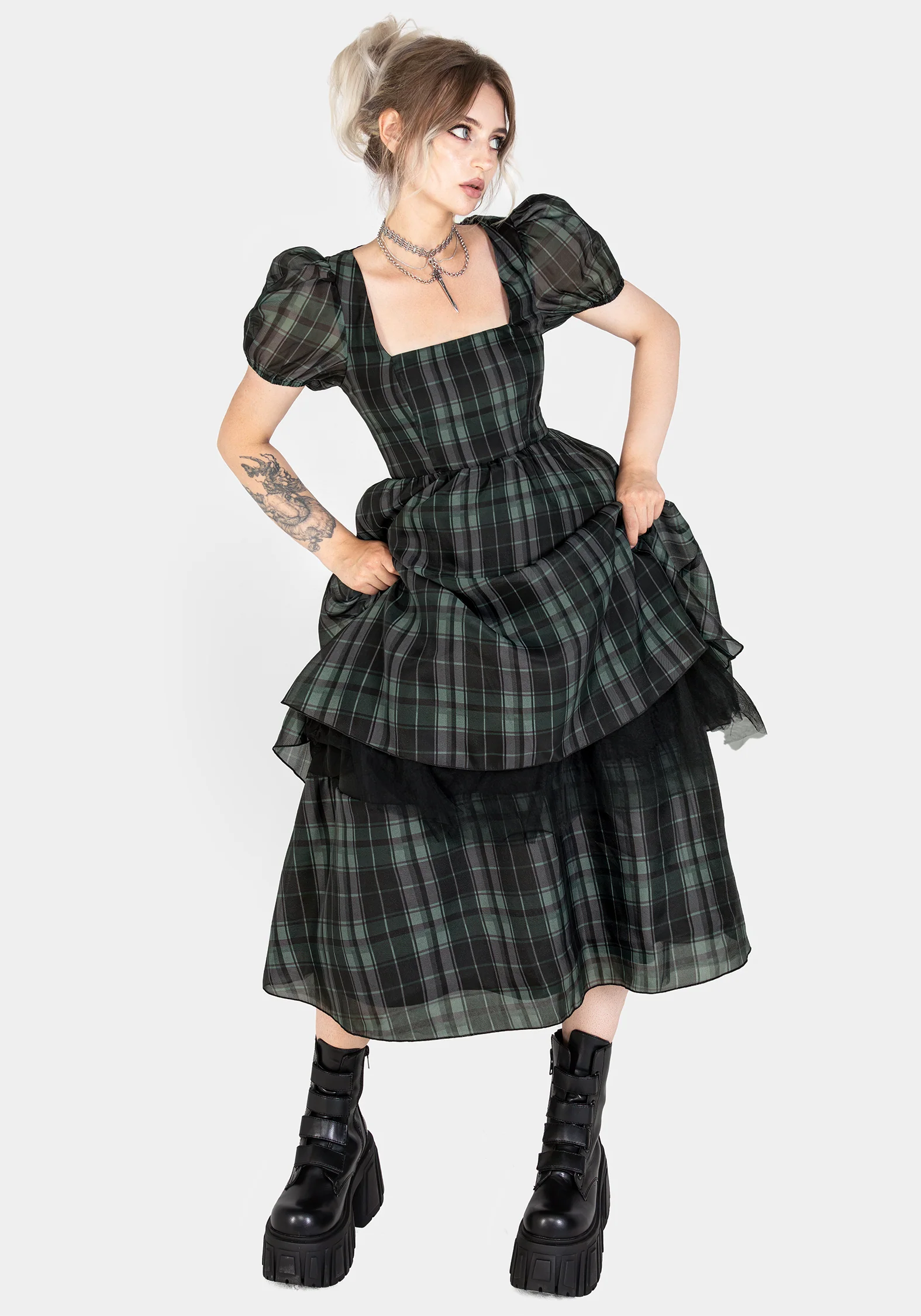 Checkmate Puff Sleeve Layered Organza Midi Dress - Image 8