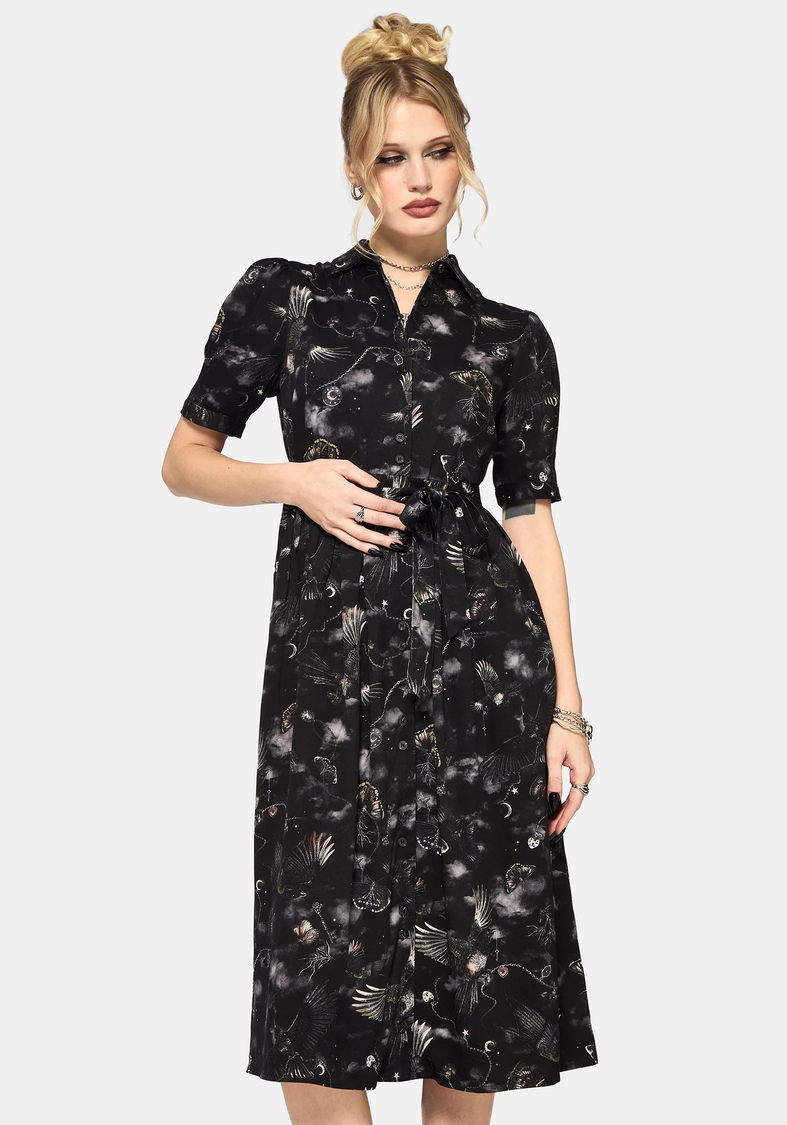 Crimson Magpie and Moth Print Midi Shirt Dress - Image 4