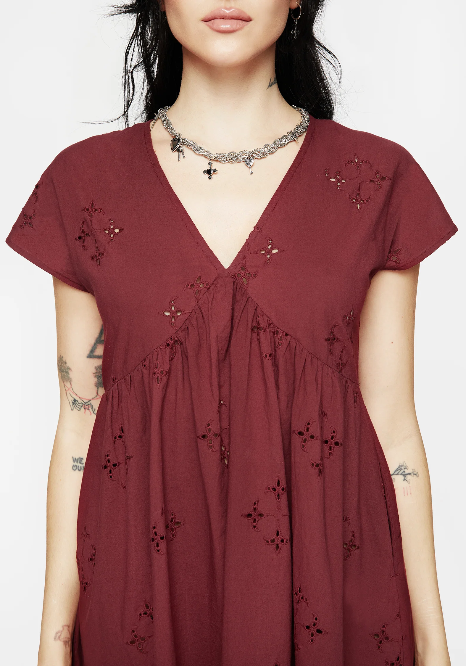 Crux Broderie Cotton Smock Mini Dress - Red - Image 2
