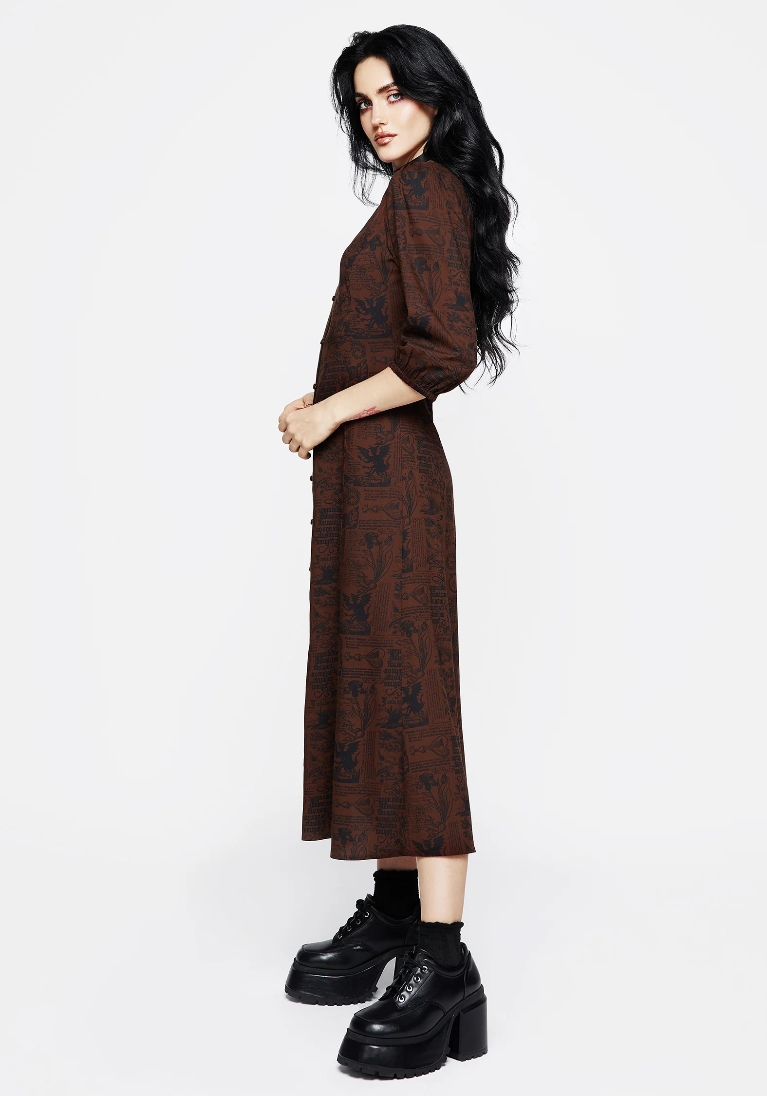 Daemonologie Woodcut Print Button Up Midaxi Dress - Image 6