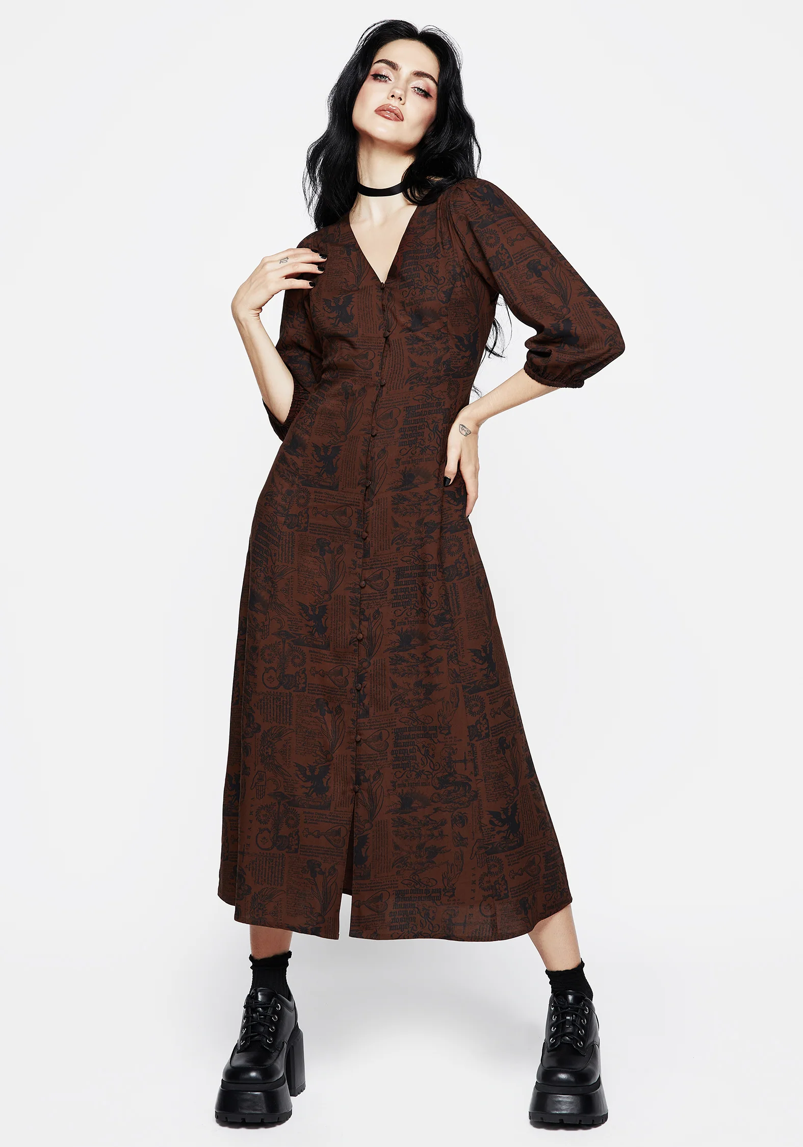 Daemonologie Woodcut Print Button Up Midaxi Dress - Image 7