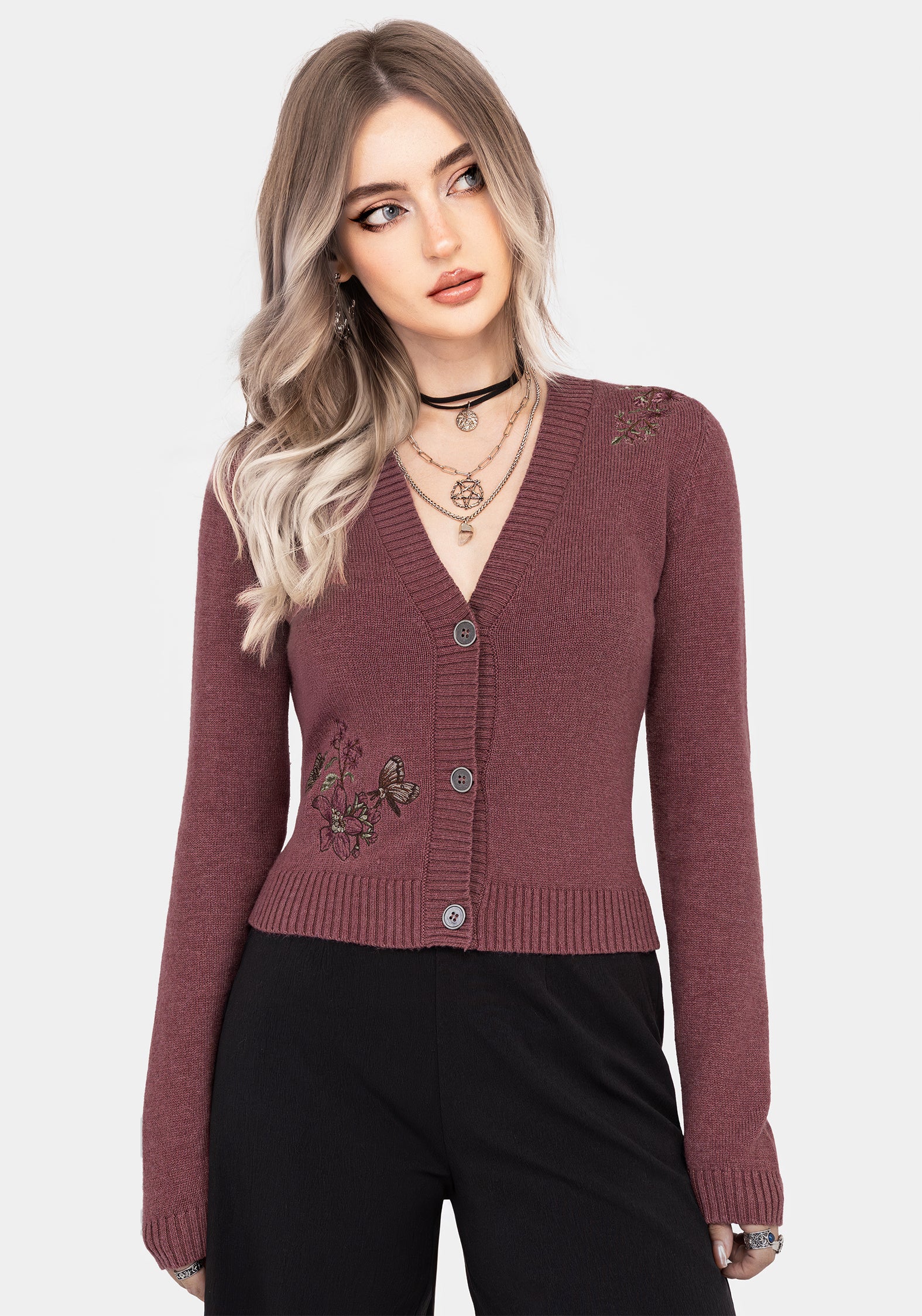 Dana Floral Moth Embroidered Cardigan - Purple - Image 6