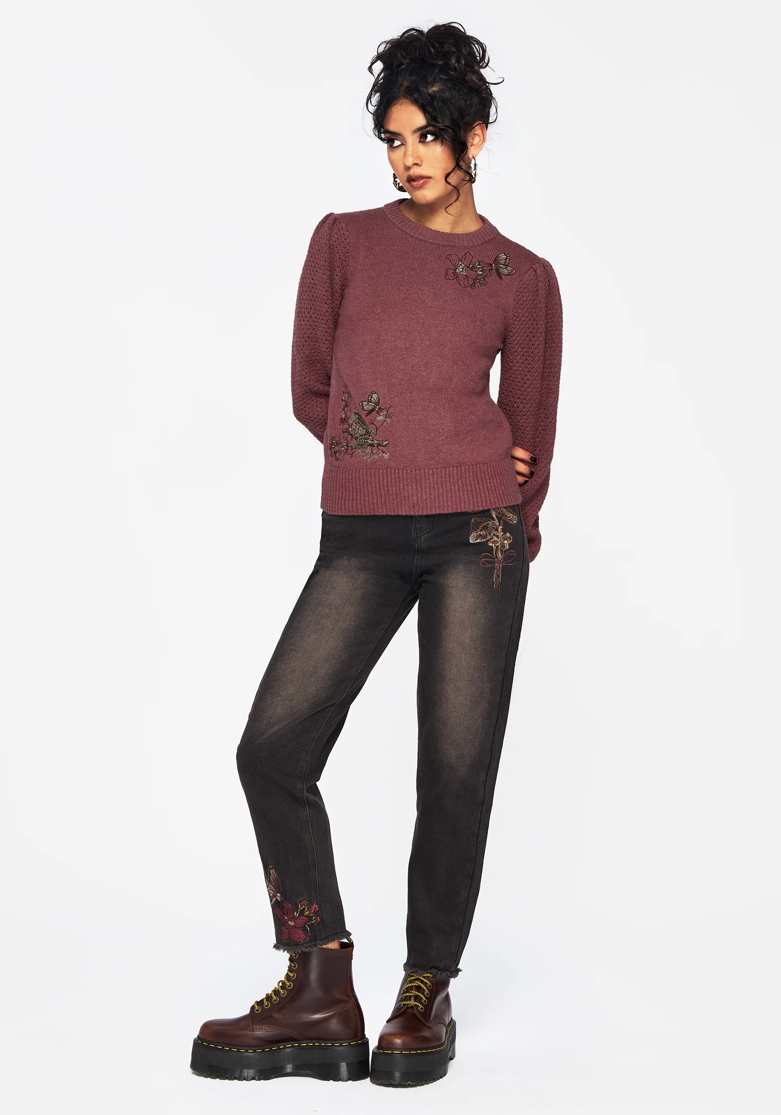 Dana Floral Moth Embroidered Sweater - Purple - Image 4