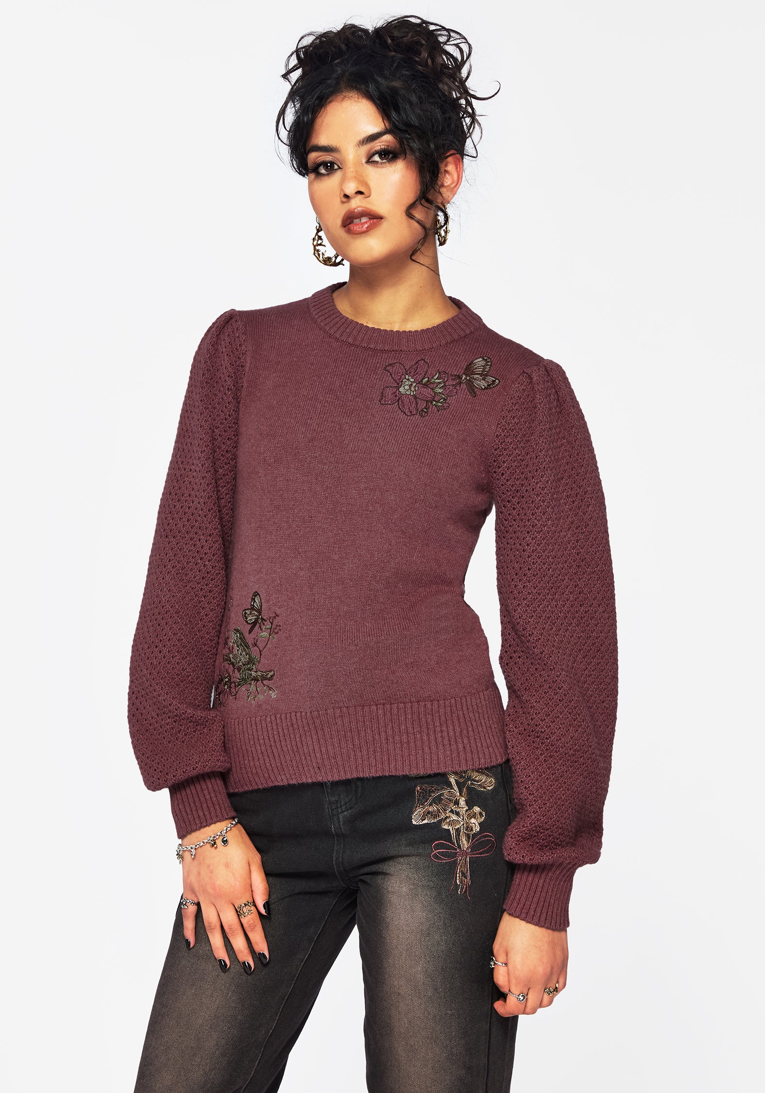 Dana Floral Moth Embroidered Sweater - Purple - Image 6