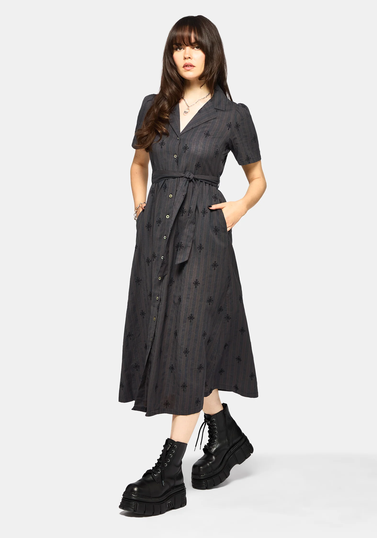 Diana Cotton Blend Stripe Cross Embroidered Midaxi Shirt Dress - Image 6