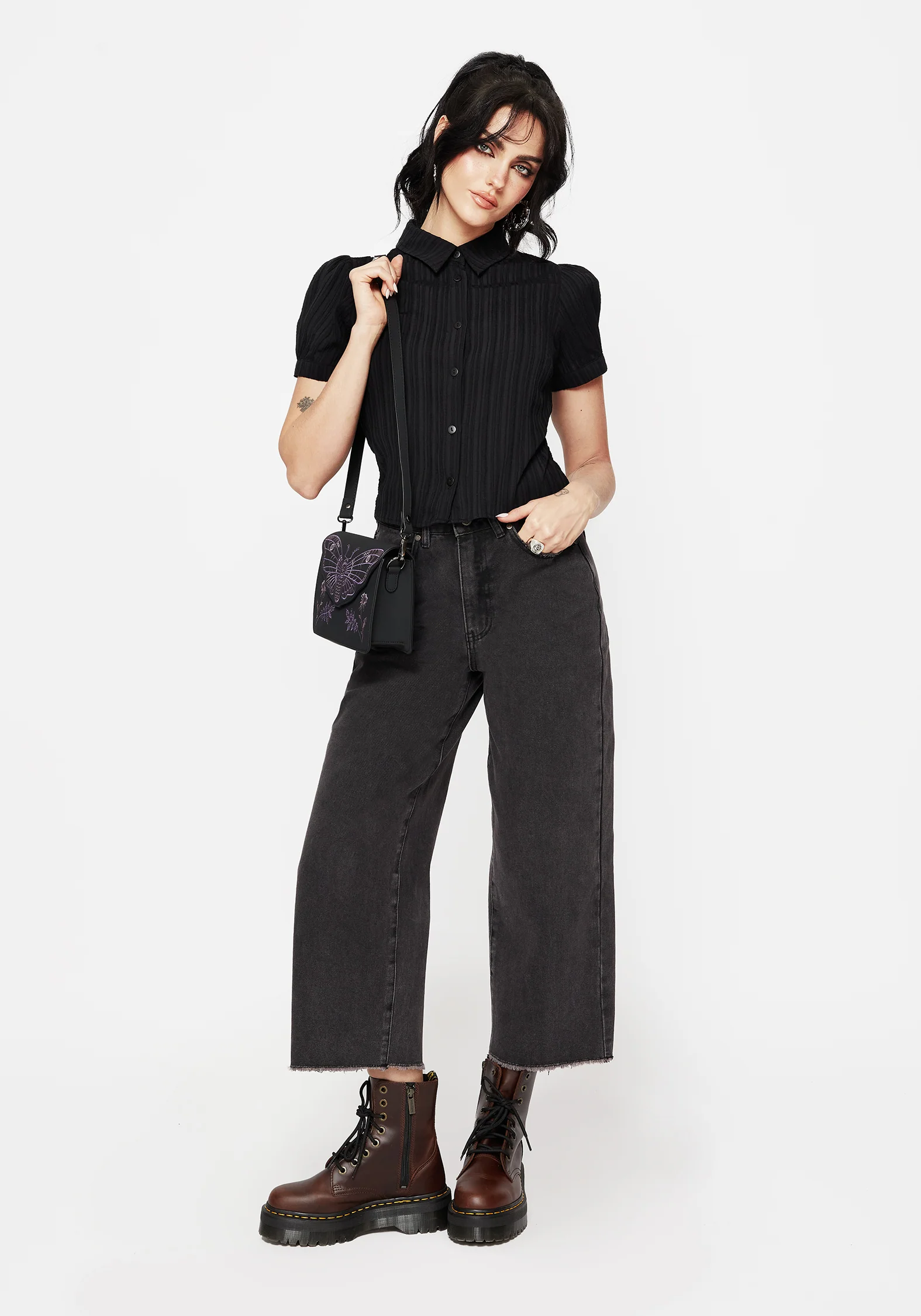 Dragonfly Embroidered Wide Leg Denim Culotte Jeans - Image 6