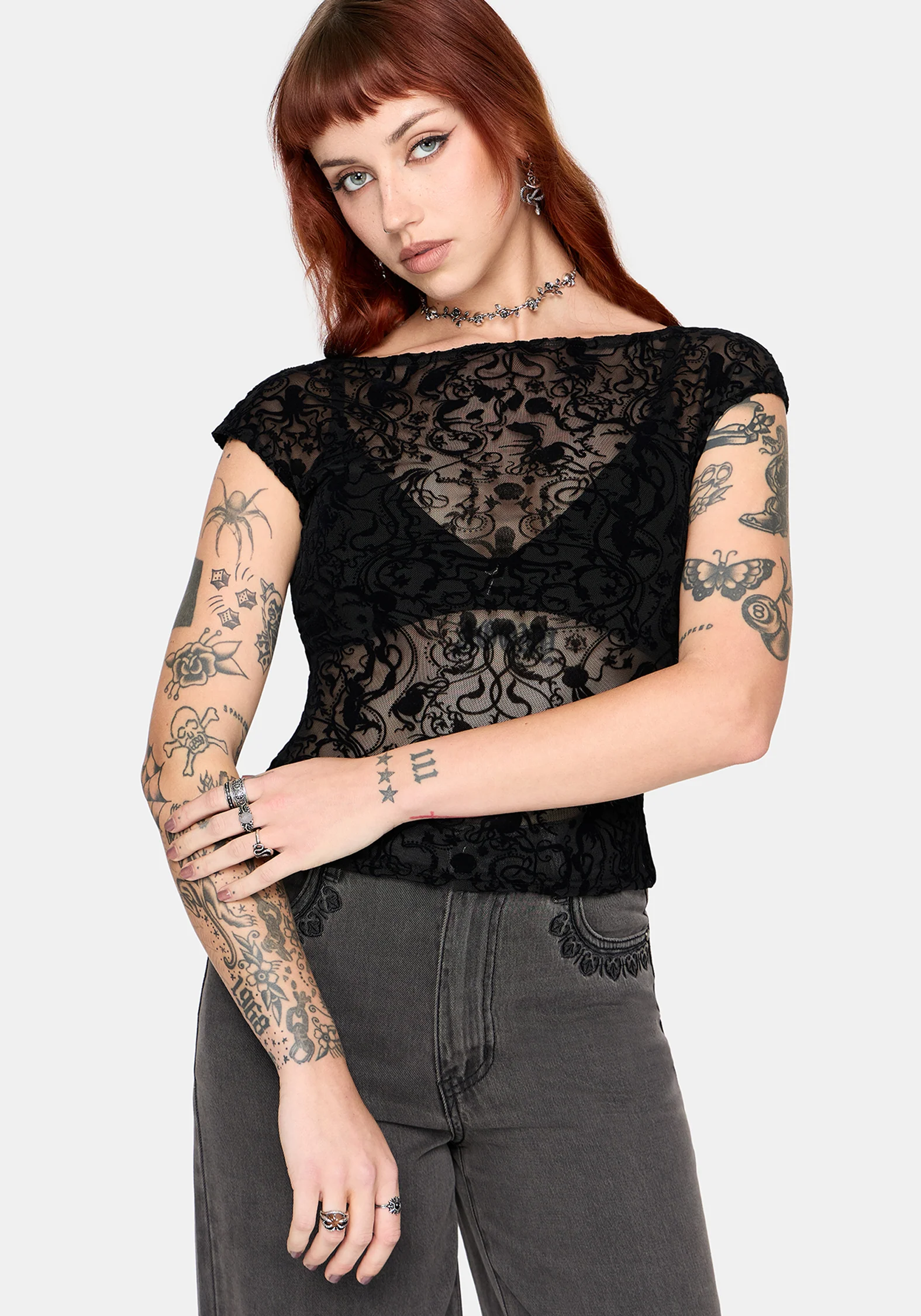 Drakona Cap Sleeve Mesh Flocked Top - Image 6