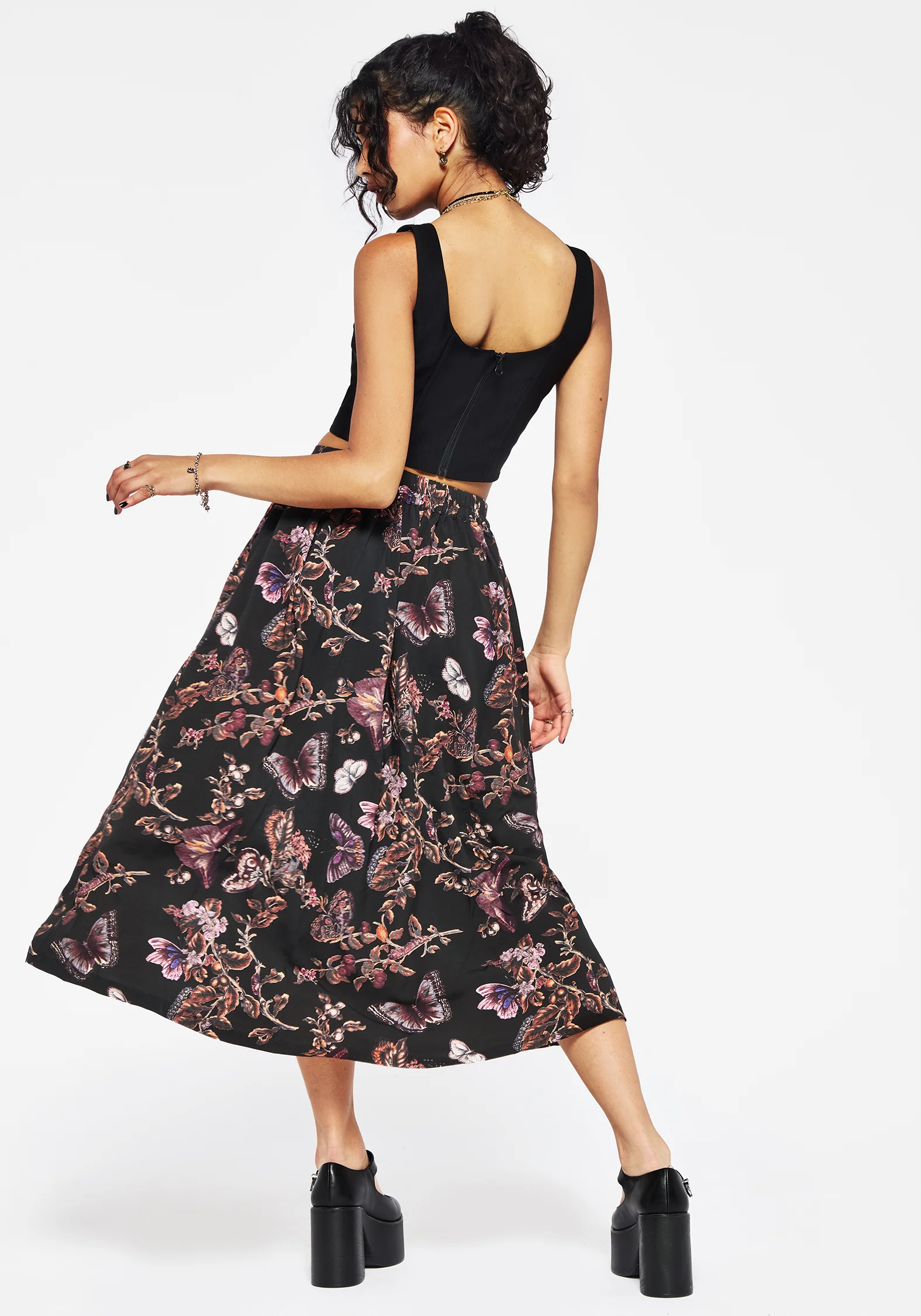 Eloise Floral Butterfly Print Button Up Midi Skirt - Image 3