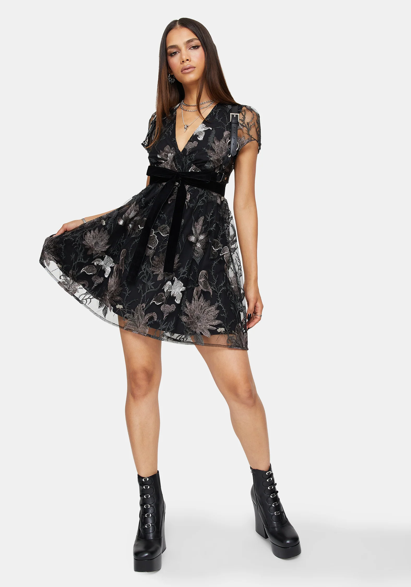 Estrid Embroidered Mesh Flute Sleeve Mini Dress - Silver - Image 6