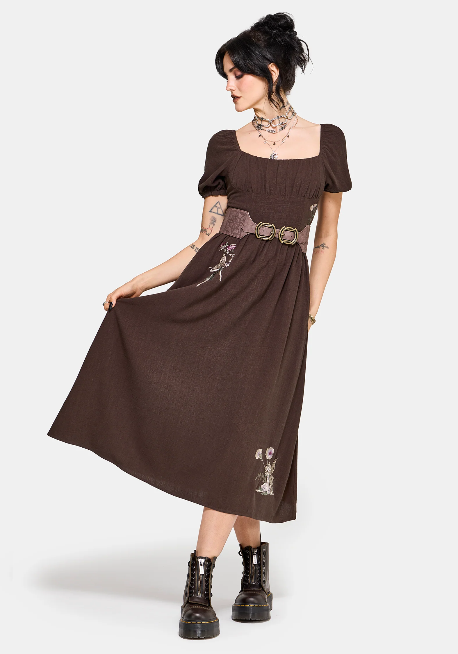 Faela Fairy Embroidered Milkmaid Ruched Midi Dress