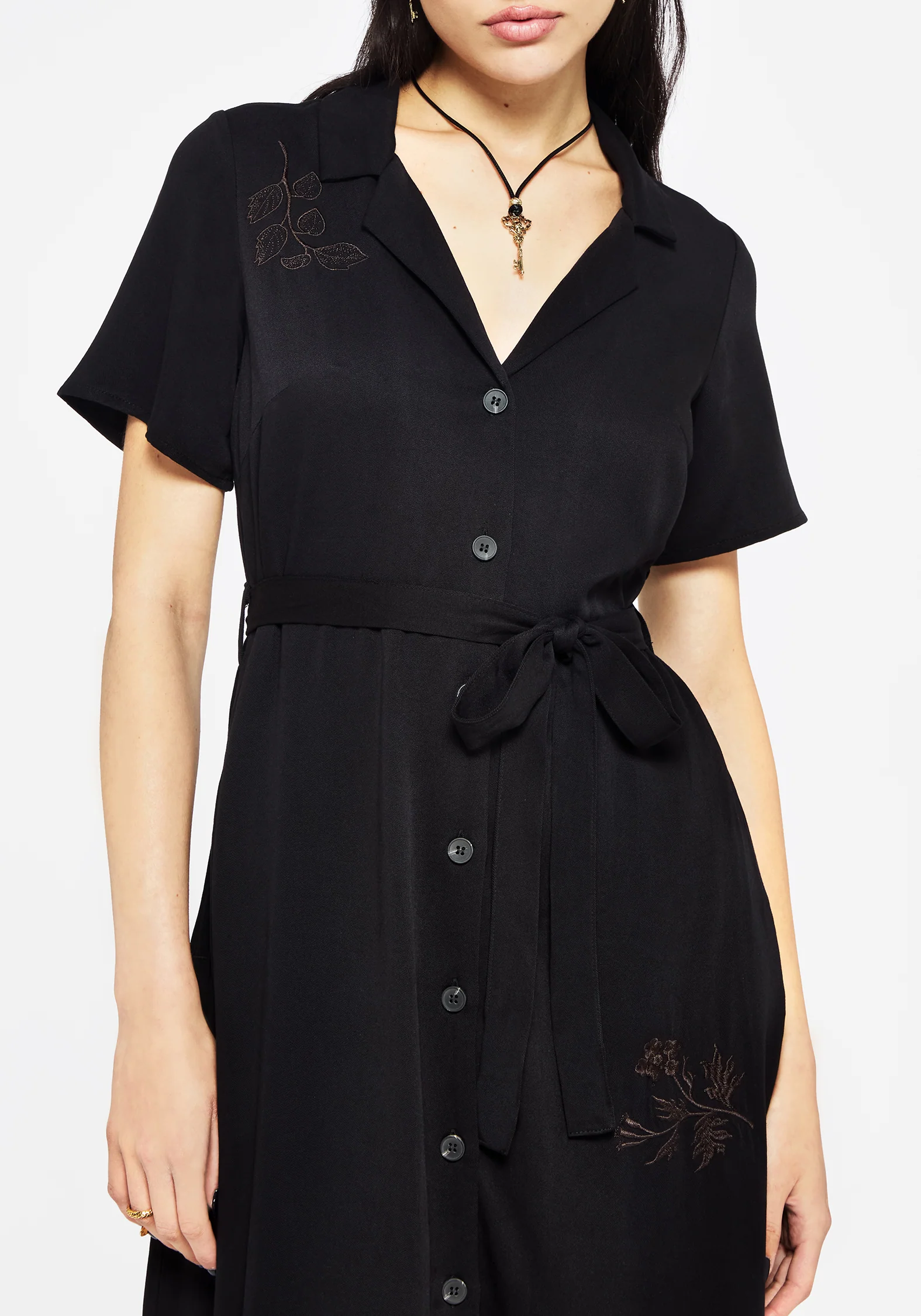 Fairfolk Floral Embroidery Tie Waist Button Down Midi Shirt Dress - Image 2