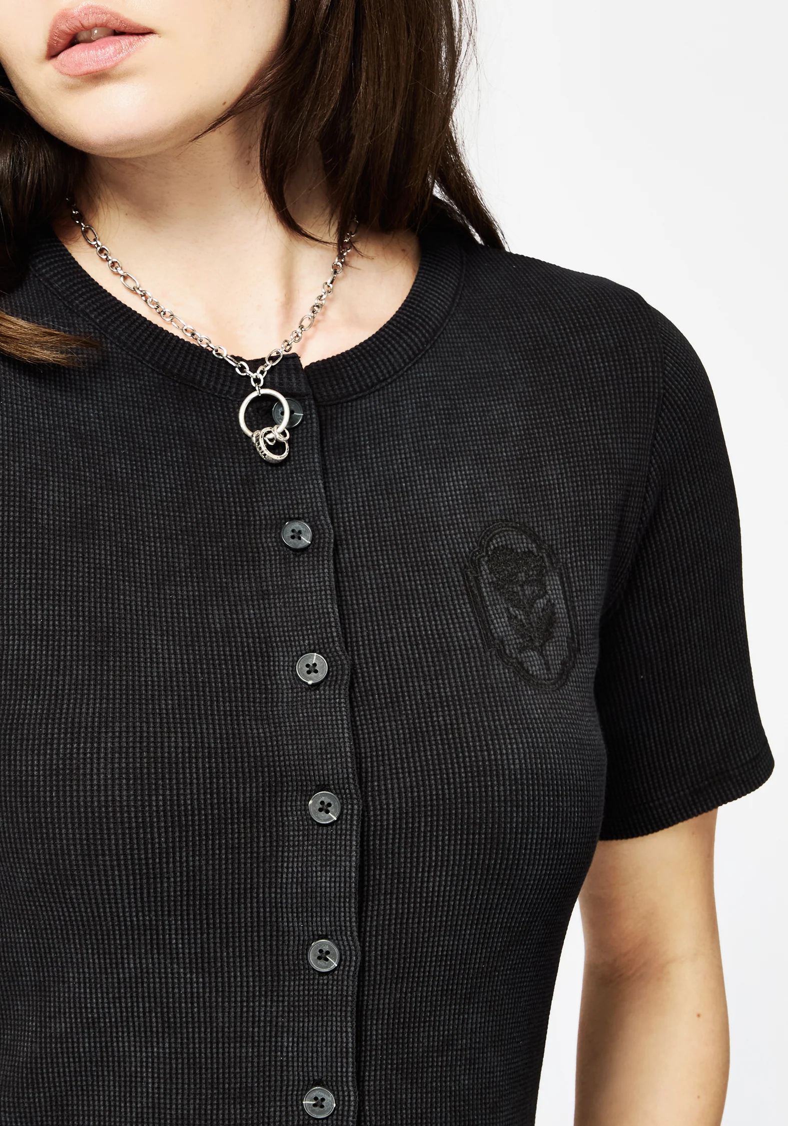 Faye Cotton-Blend Floral Embroidered Waffle Button Up Top - Image 2