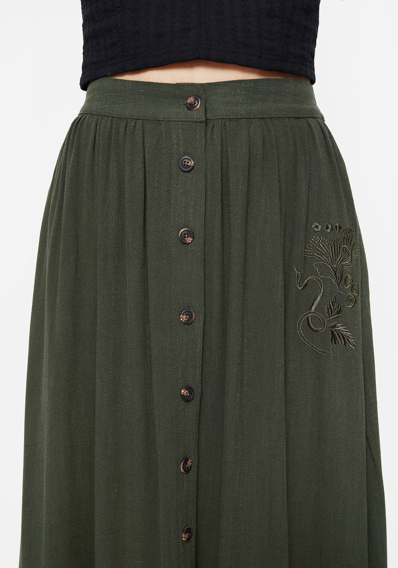 Foliate Linen-Blend Embroidered Button Up Midaxi Skirt - Green - Image 2