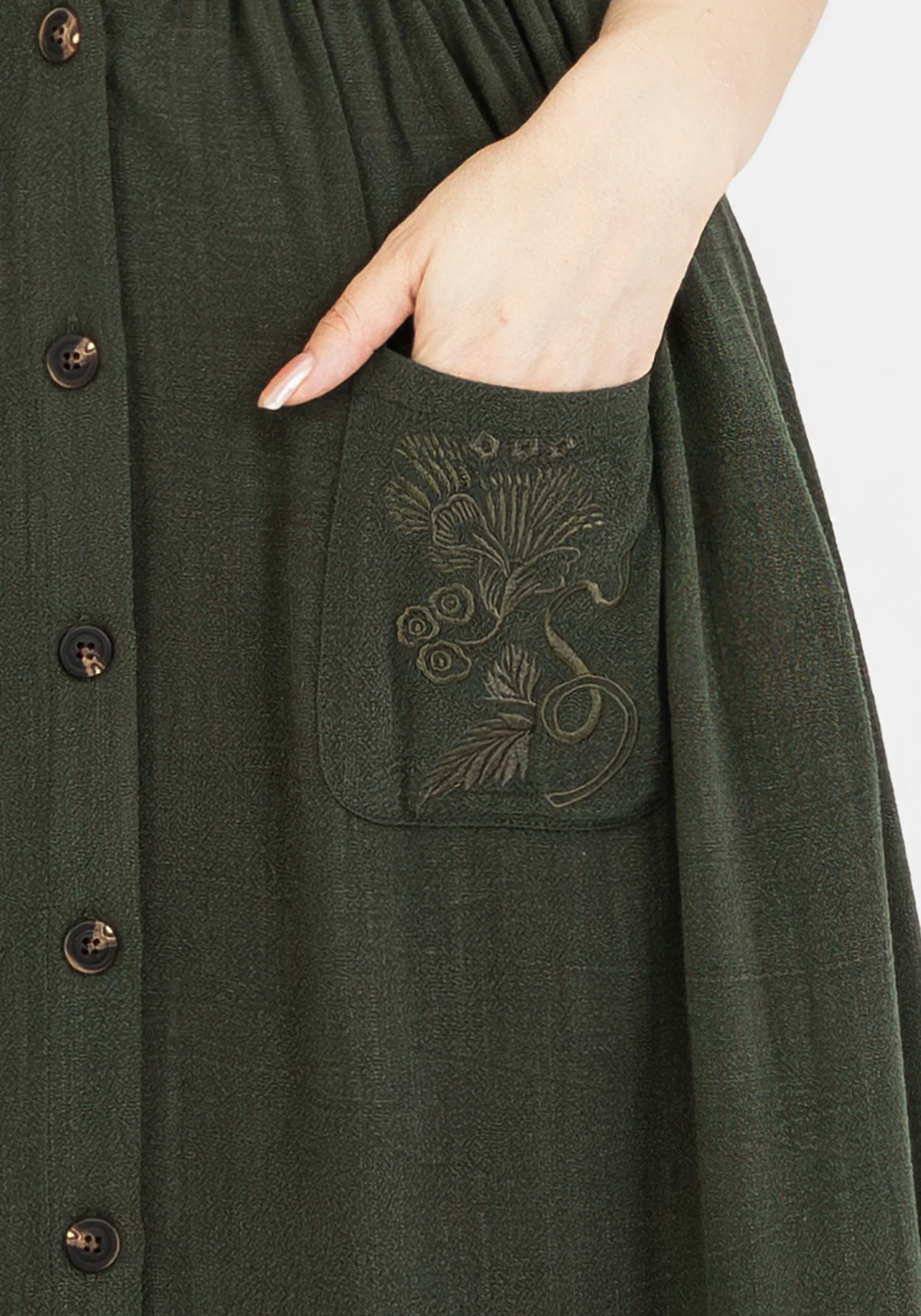 Foliate Linen-Blend Embroidered Button Up Midi Dress - Green - Image 5