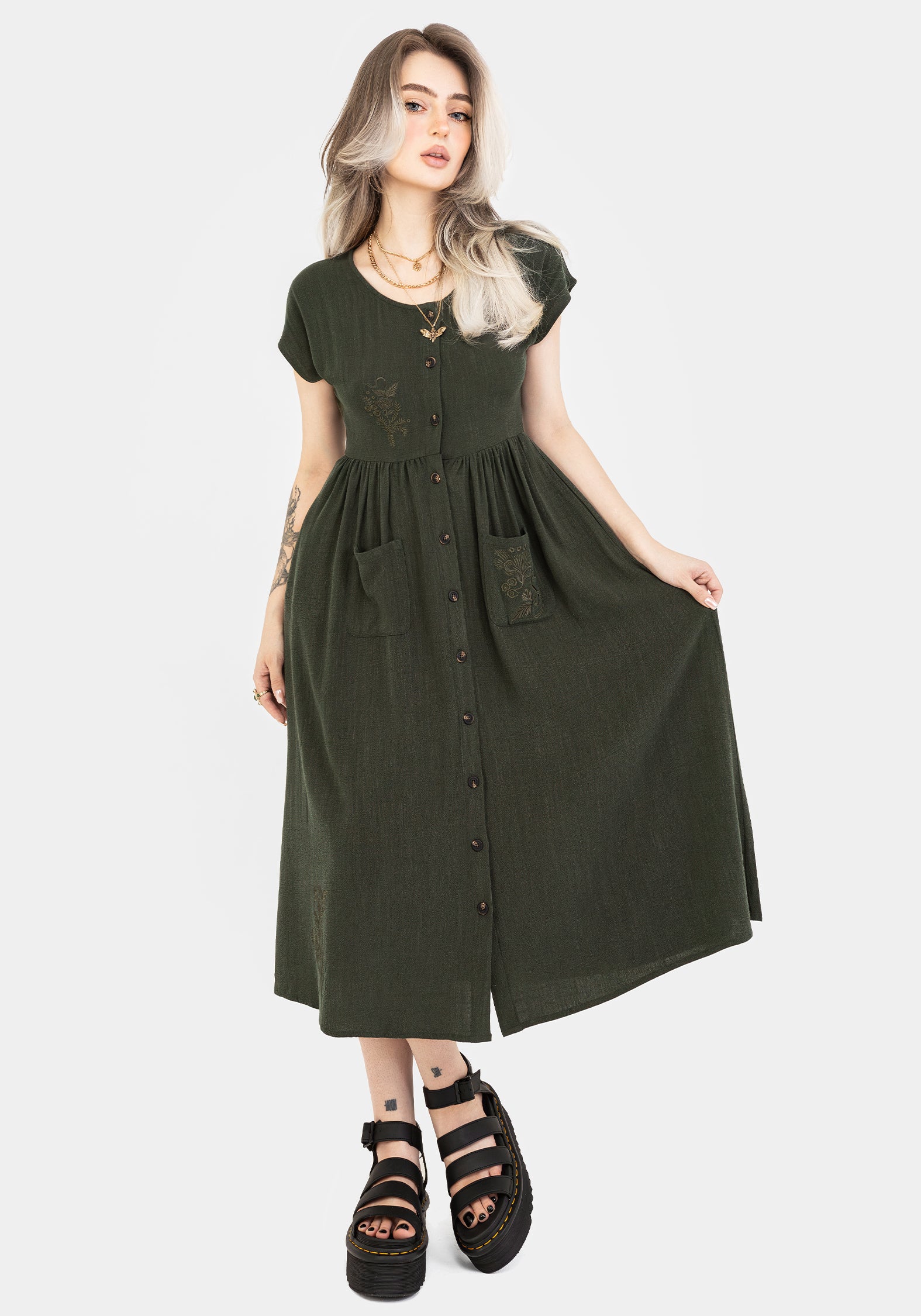 Foliate Linen-Blend Embroidered Button Up Midi Dress - Green - Image 6