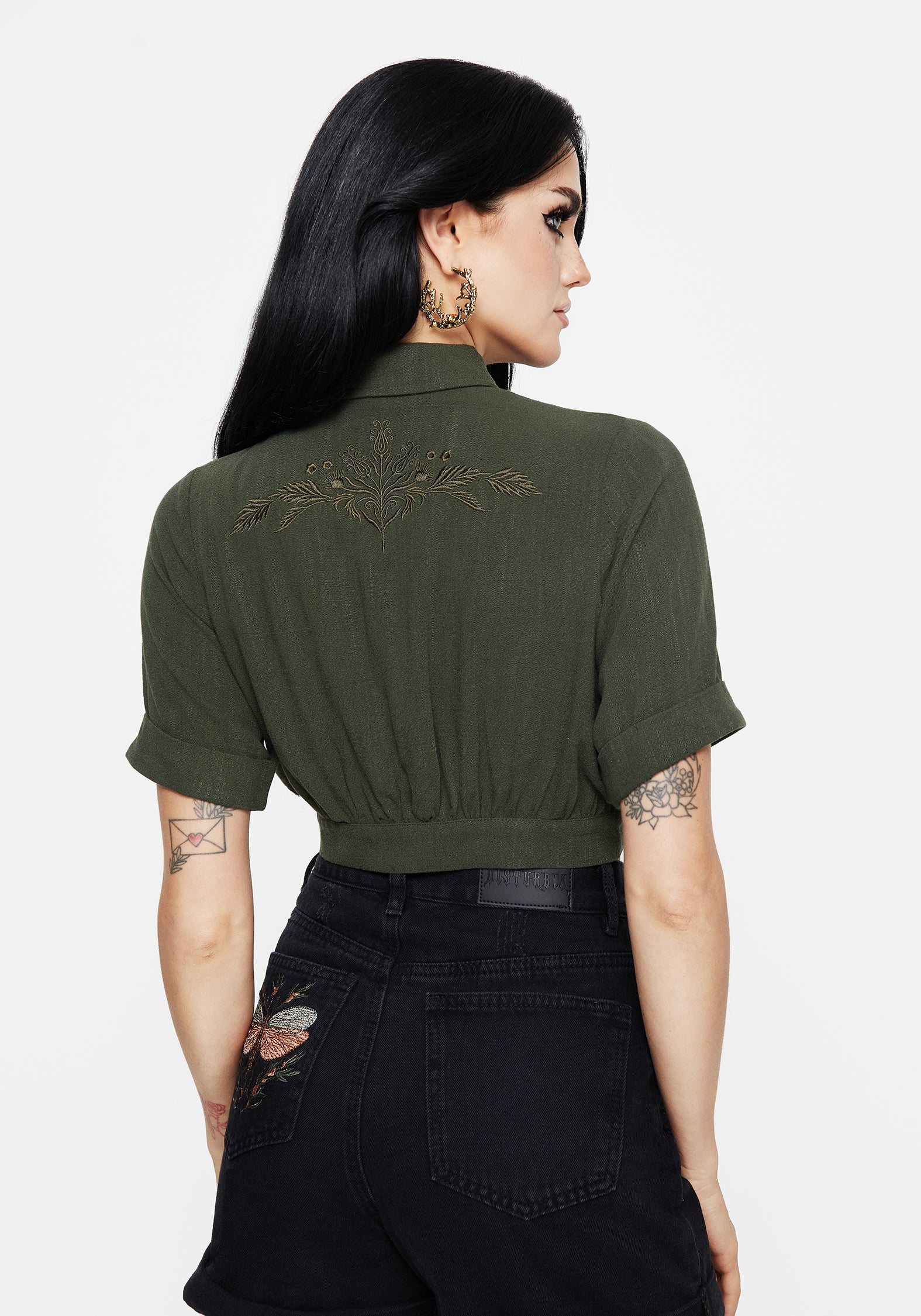 Foliate Linen-Blend Embroidered Short Sleeve Crop Shirt - Green - Image 3