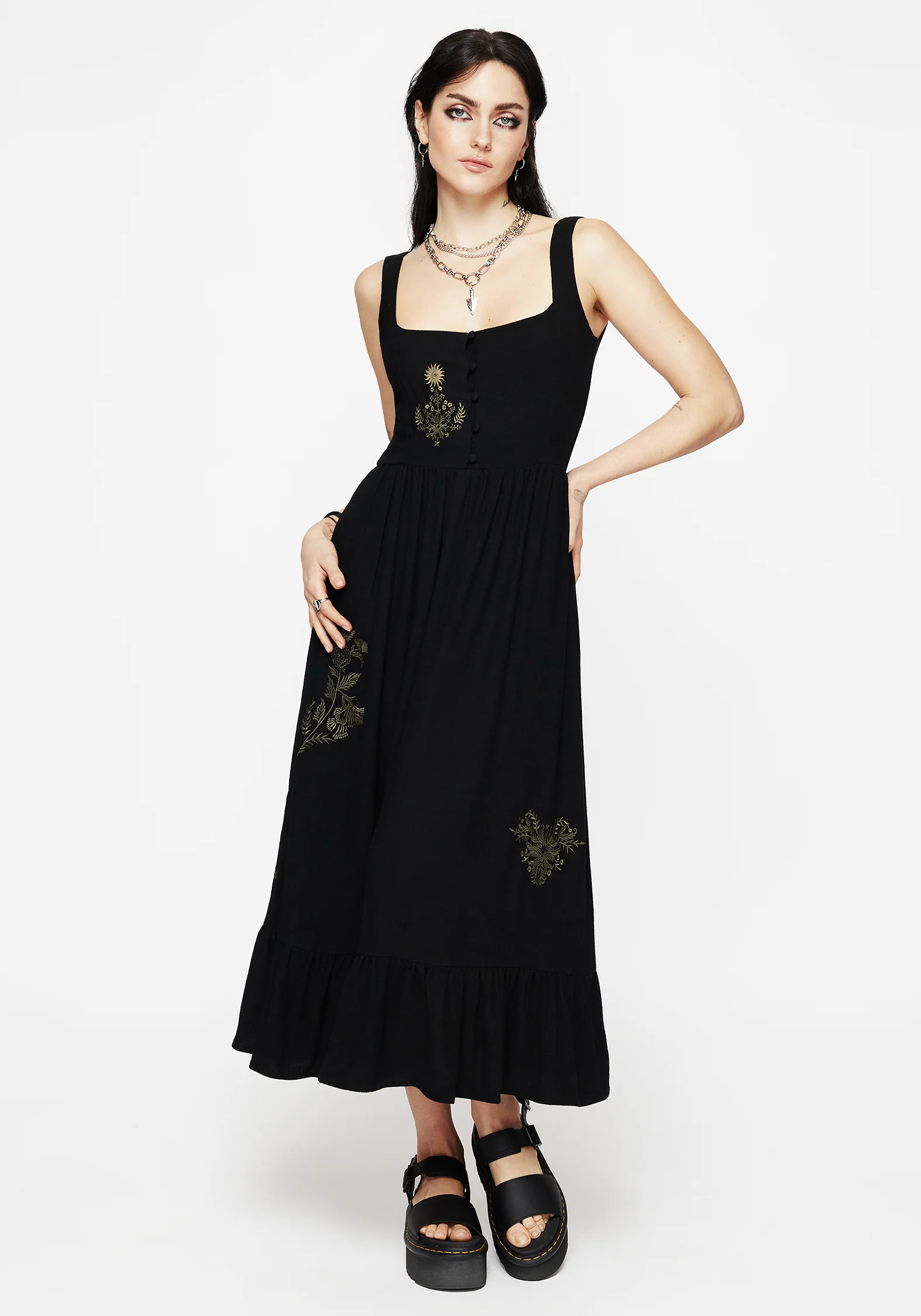 Foliate Linen-Blend Embroidered Sleeveless Midi Dress - Black - Image 4