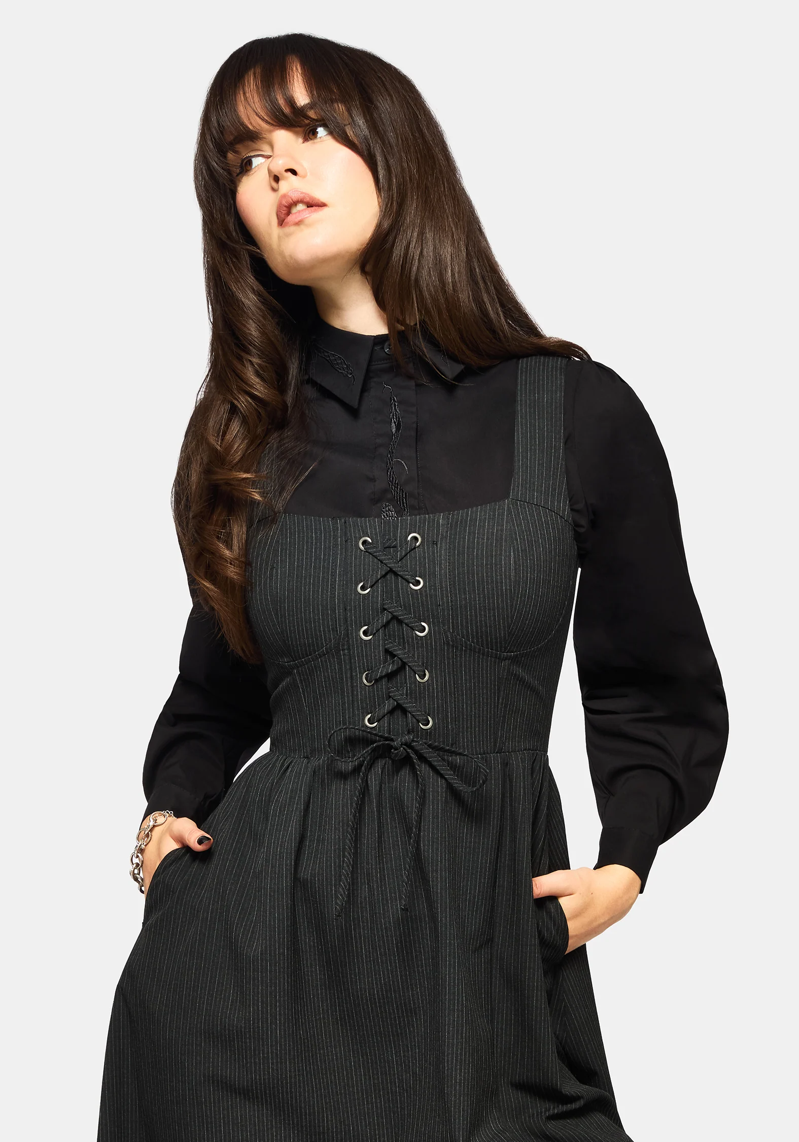 Gloom Lace Up Front Corset Detail Pinstripe Midi Dress - Image 4