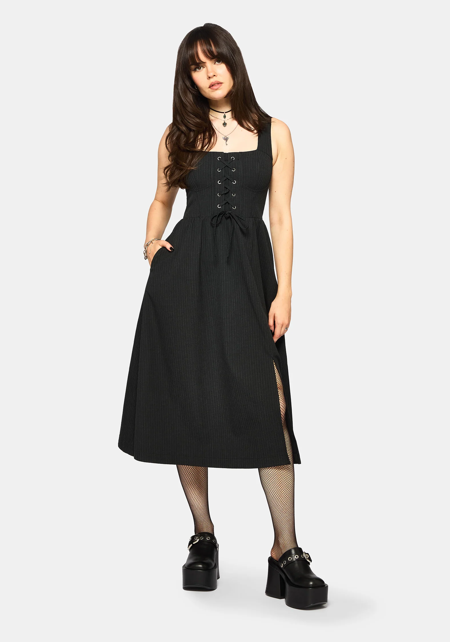 Gloom Lace Up Front Corset Detail Pinstripe Midi Dress - Image 5