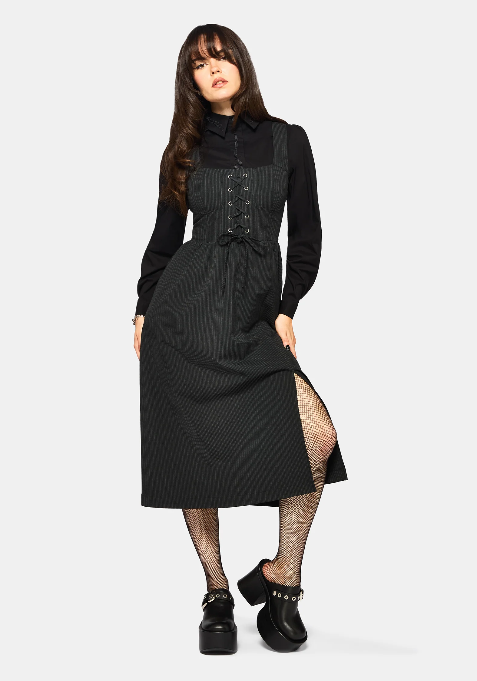 Gloom Lace Up Front Corset Detail Pinstripe Midi Dress - Image 6