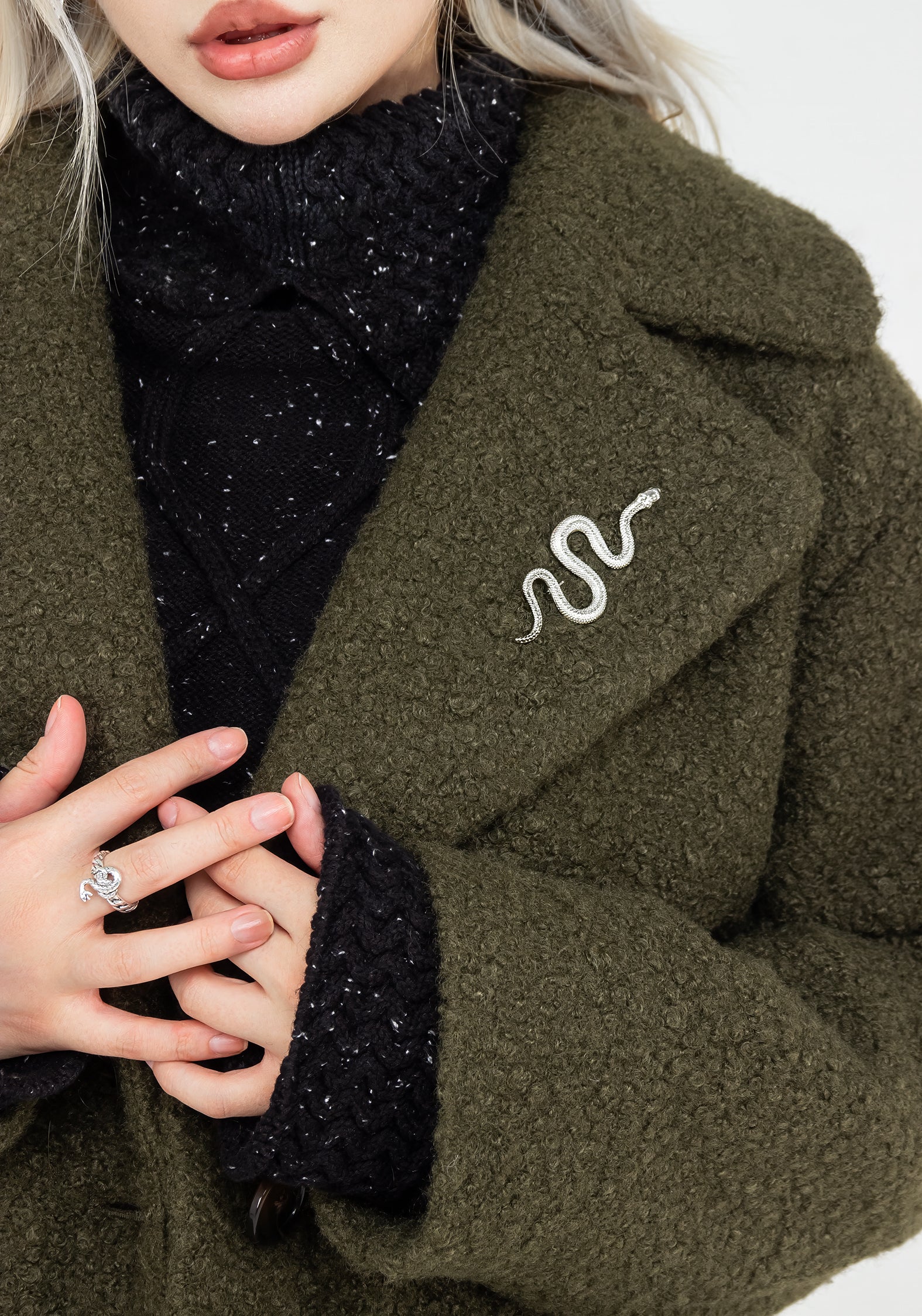 Gorgon Bouclé Oversized Coat with Snake Brooch - Green - Image 2