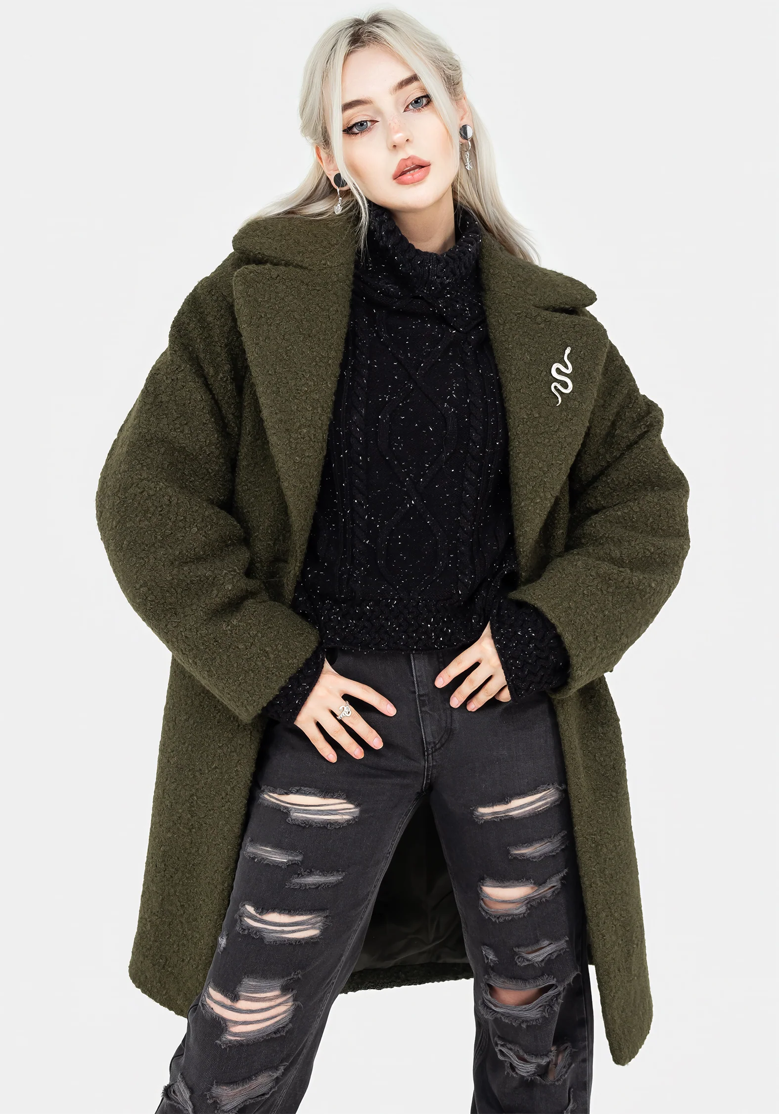 Gorgon Bouclé Oversized Coat with Snake Brooch - Green - Image 4