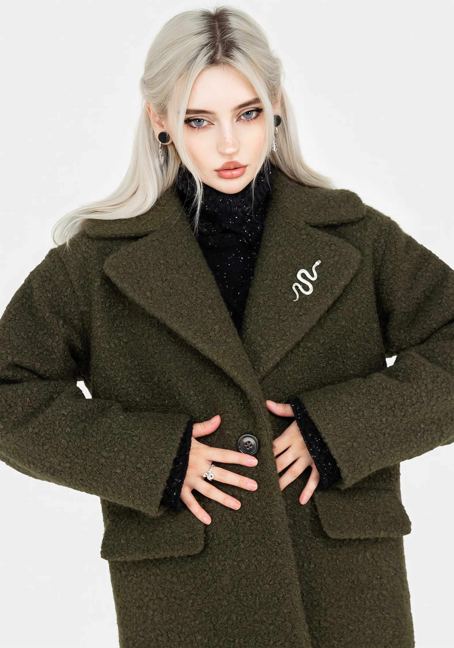 Gorgon Bouclé Oversized Coat with Snake Brooch - Green - Image 5