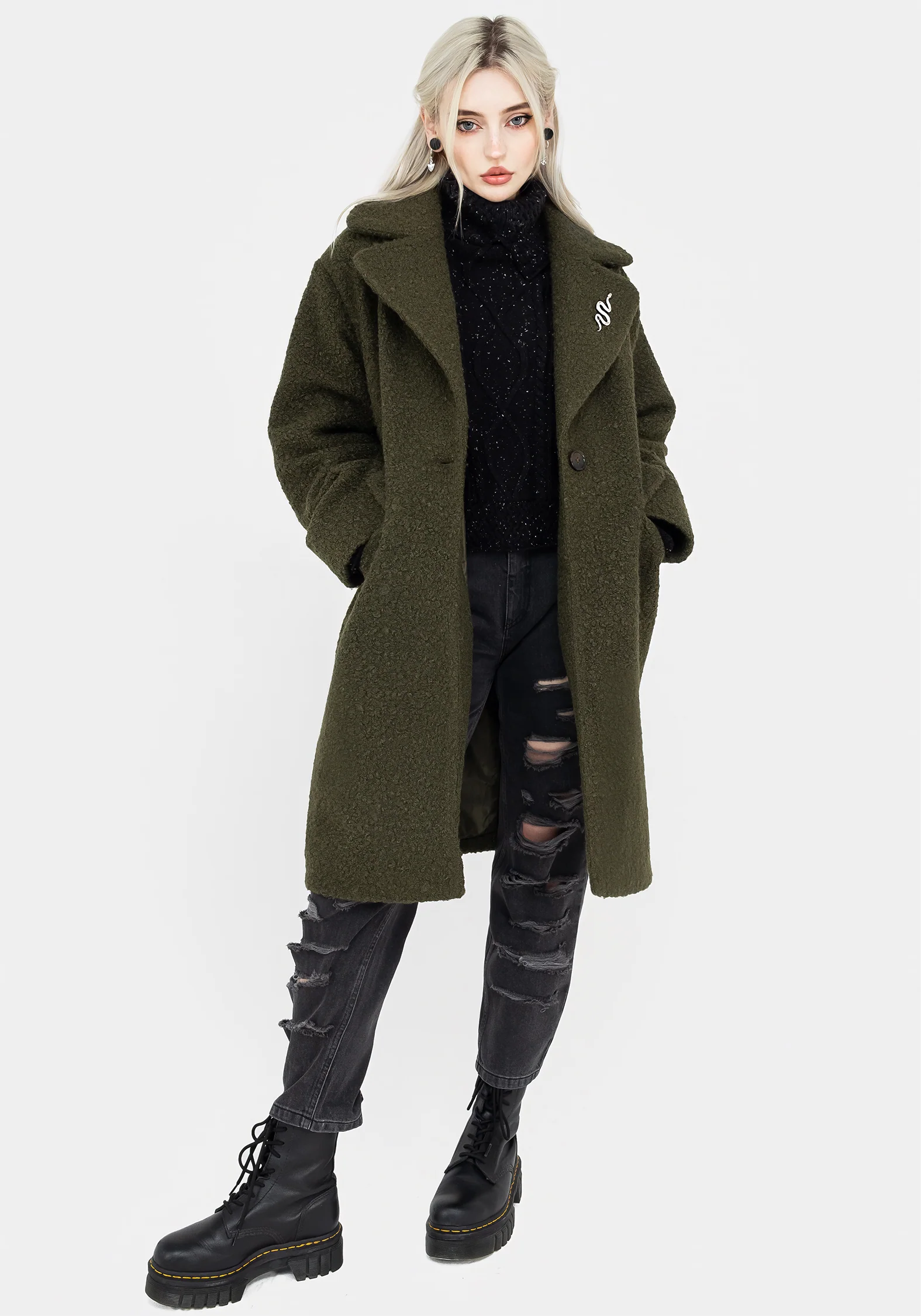 Gorgon Bouclé Oversized Coat with Snake Brooch - Green - Image 7