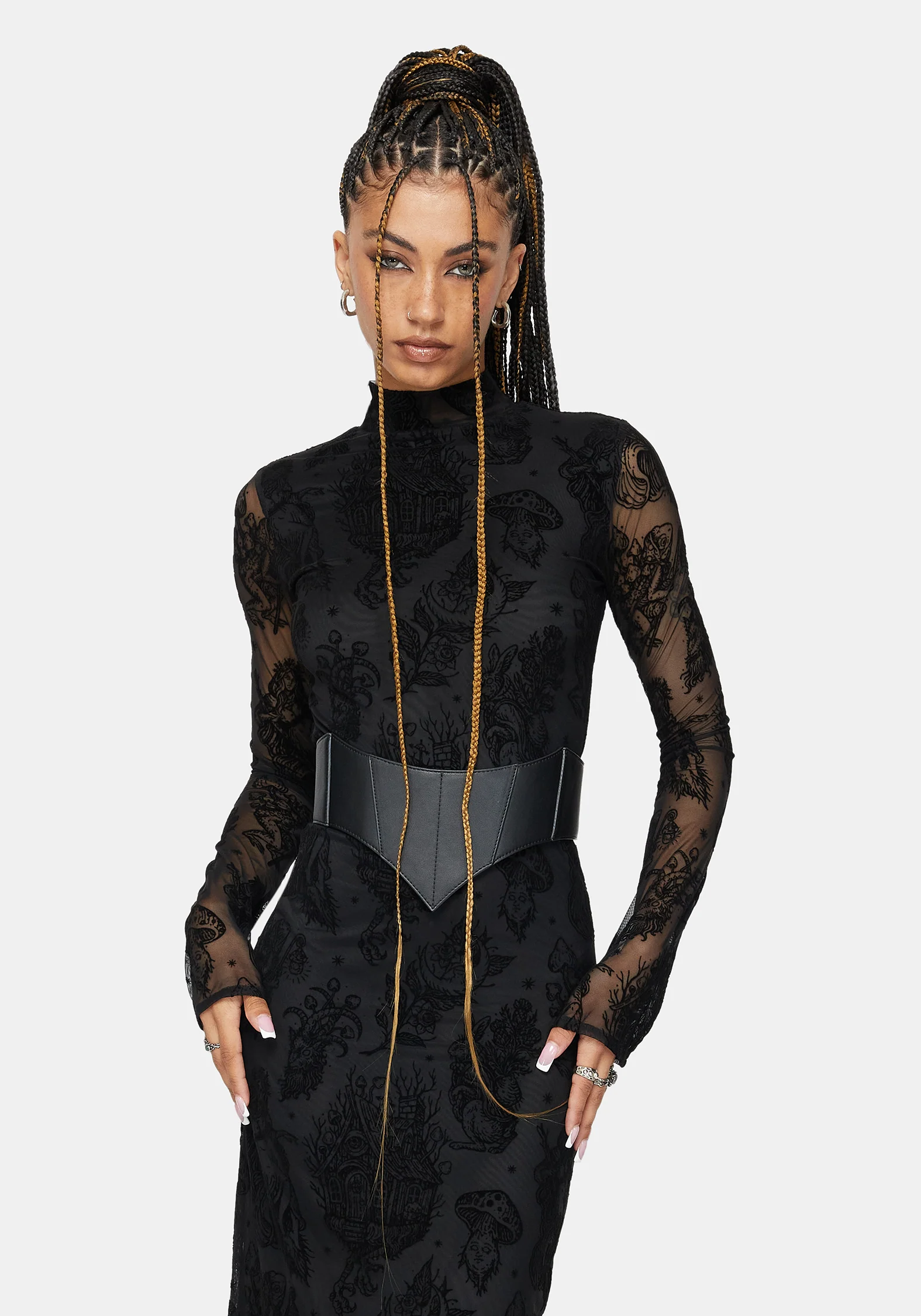 Hexborn Baba Yaga High Neck Flocked Long Sleeve Mesh Maxi Dress - Image 4