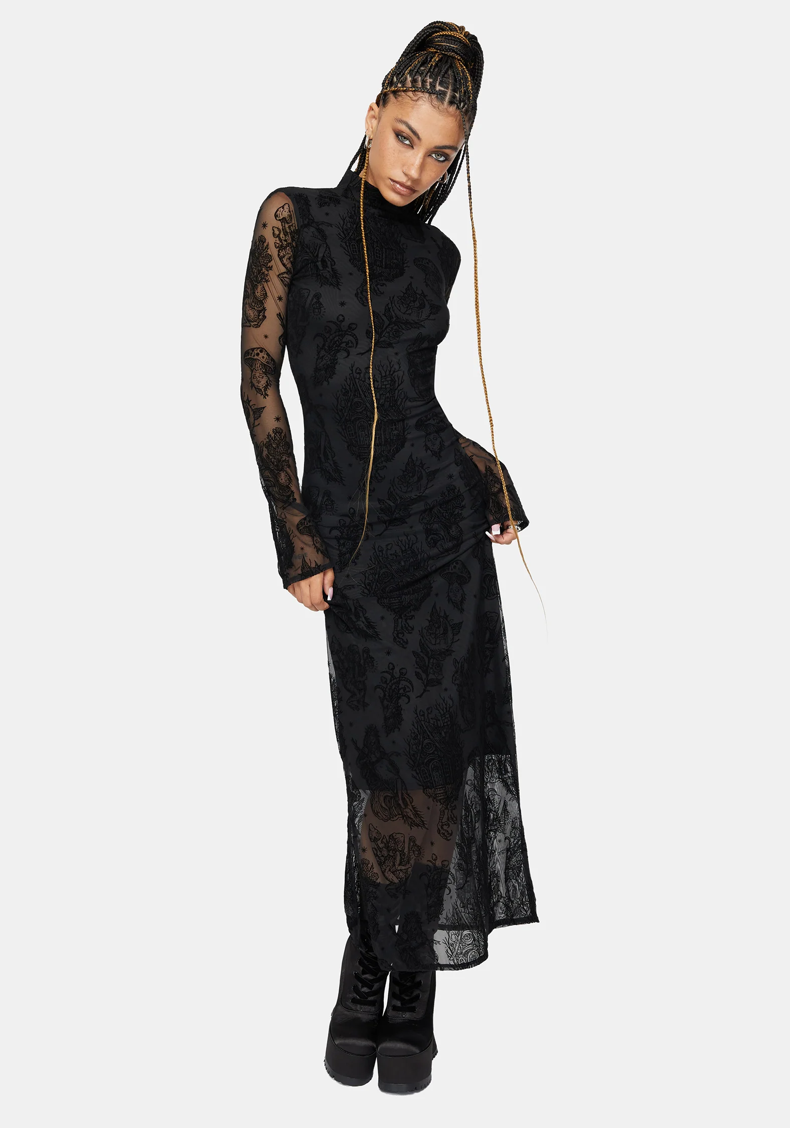 Hexborn Baba Yaga High Neck Flocked Long Sleeve Mesh Maxi Dress - Image 5