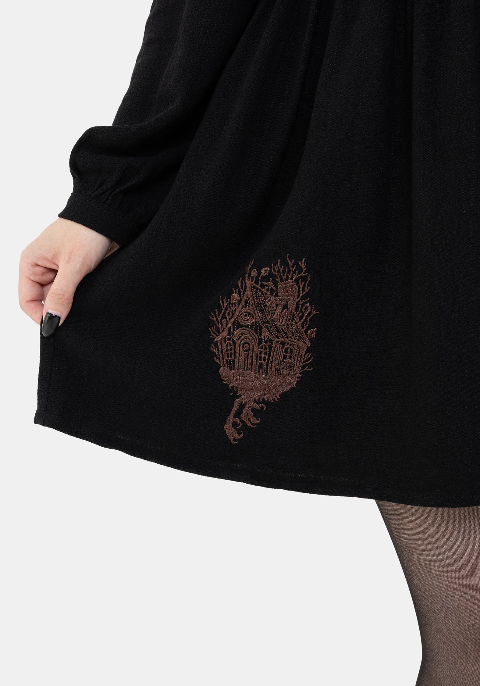 Hexborn Linen-Blend Baba Yaga Embroidered Long Sleeve Mini Dress - Image 2