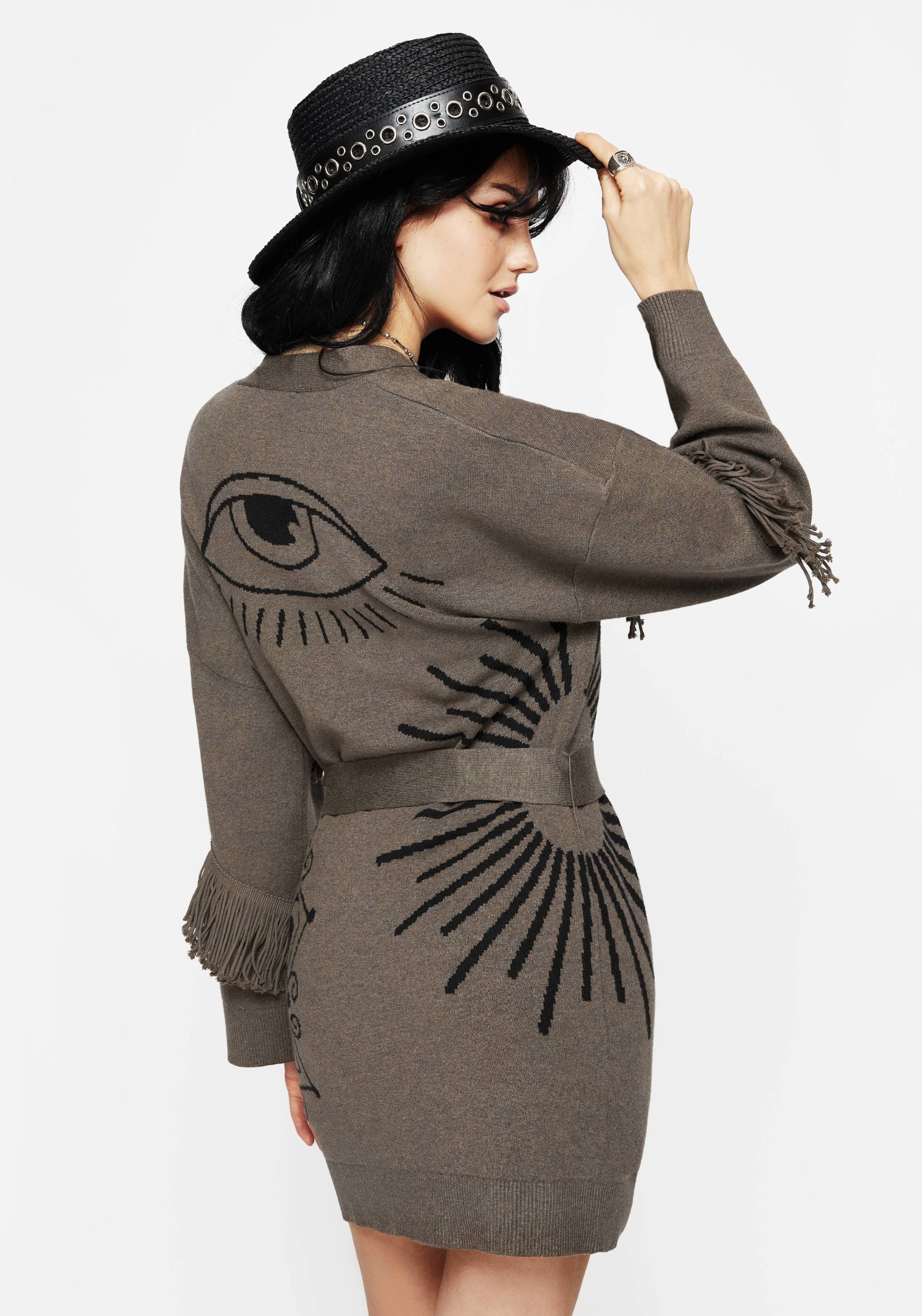 Iris Flare Sleeve Longline Fringe Knit Cardigan - Image 3