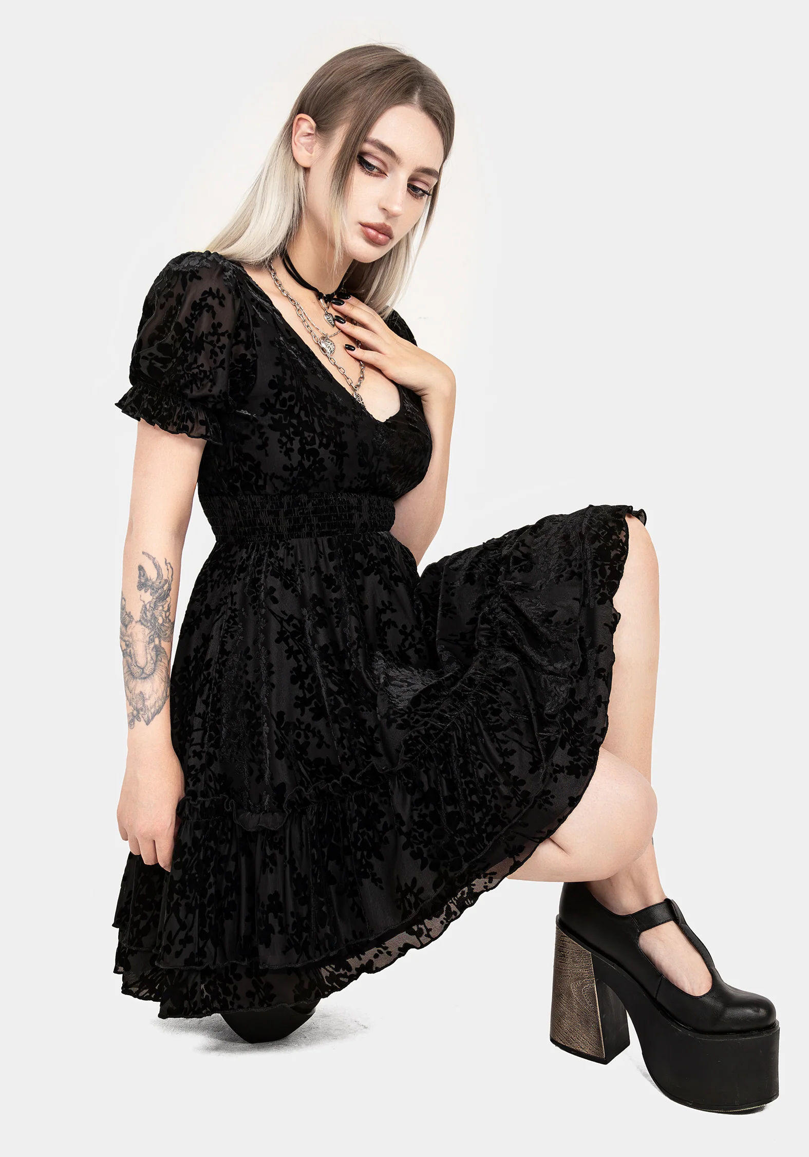 Lilias Devoré Velour Mesh Tiered Mini Dress - Image 7