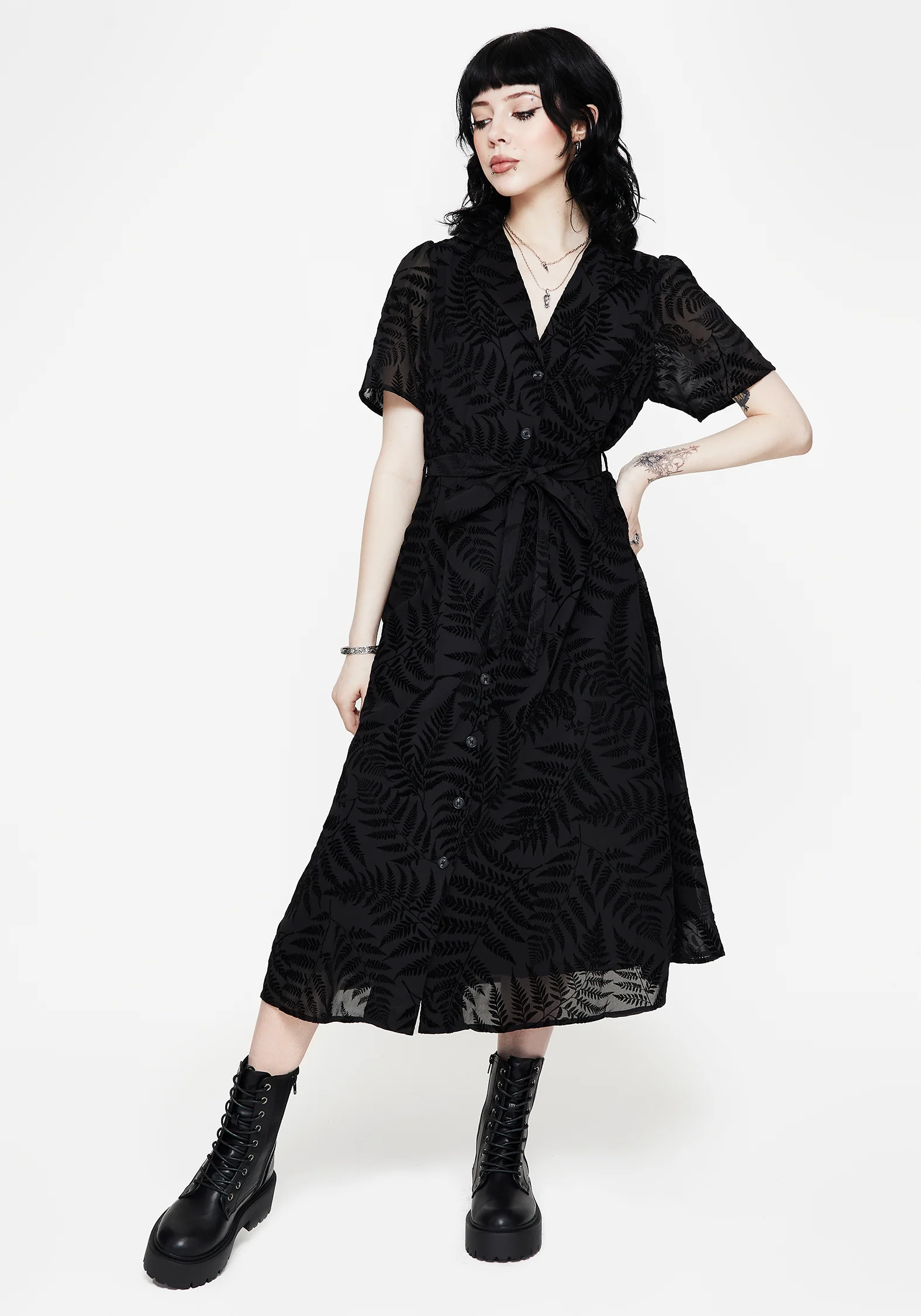 Lunafern Fern Printed Belted Midi Shirt Dress - Image 4